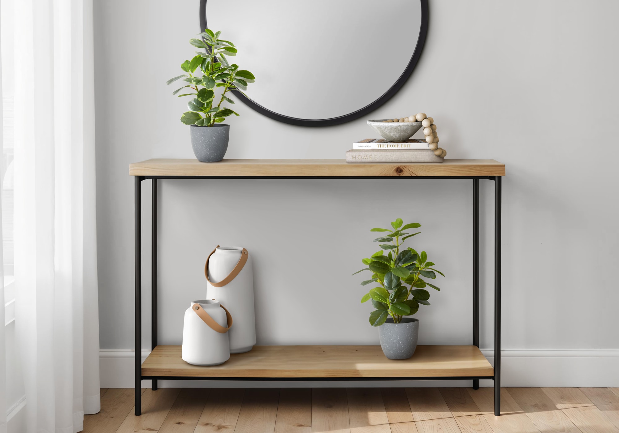 LOVMOR Artificial Plant 14Inch Tall Ficus Indoor Faux Fake Table Greenery Potted Set Of 2 Decorative Green Leaves Grey Pots