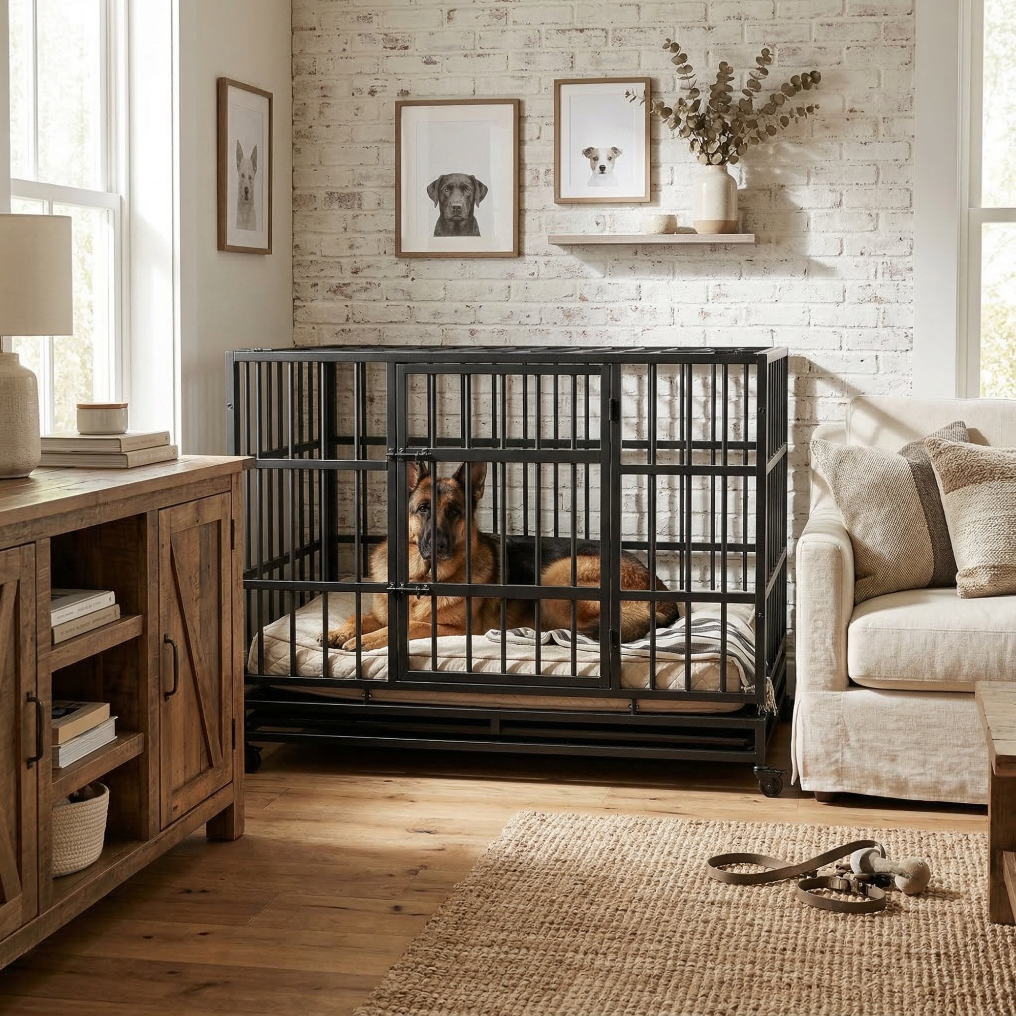 Misopily  48 Inch Heavy Duty Steel Dog Crate with Double Doors Slide Bolt Locks Removable Tray and Swivel Wheels for Large and Medium Dogs 47.2L x 29.8W x 30H