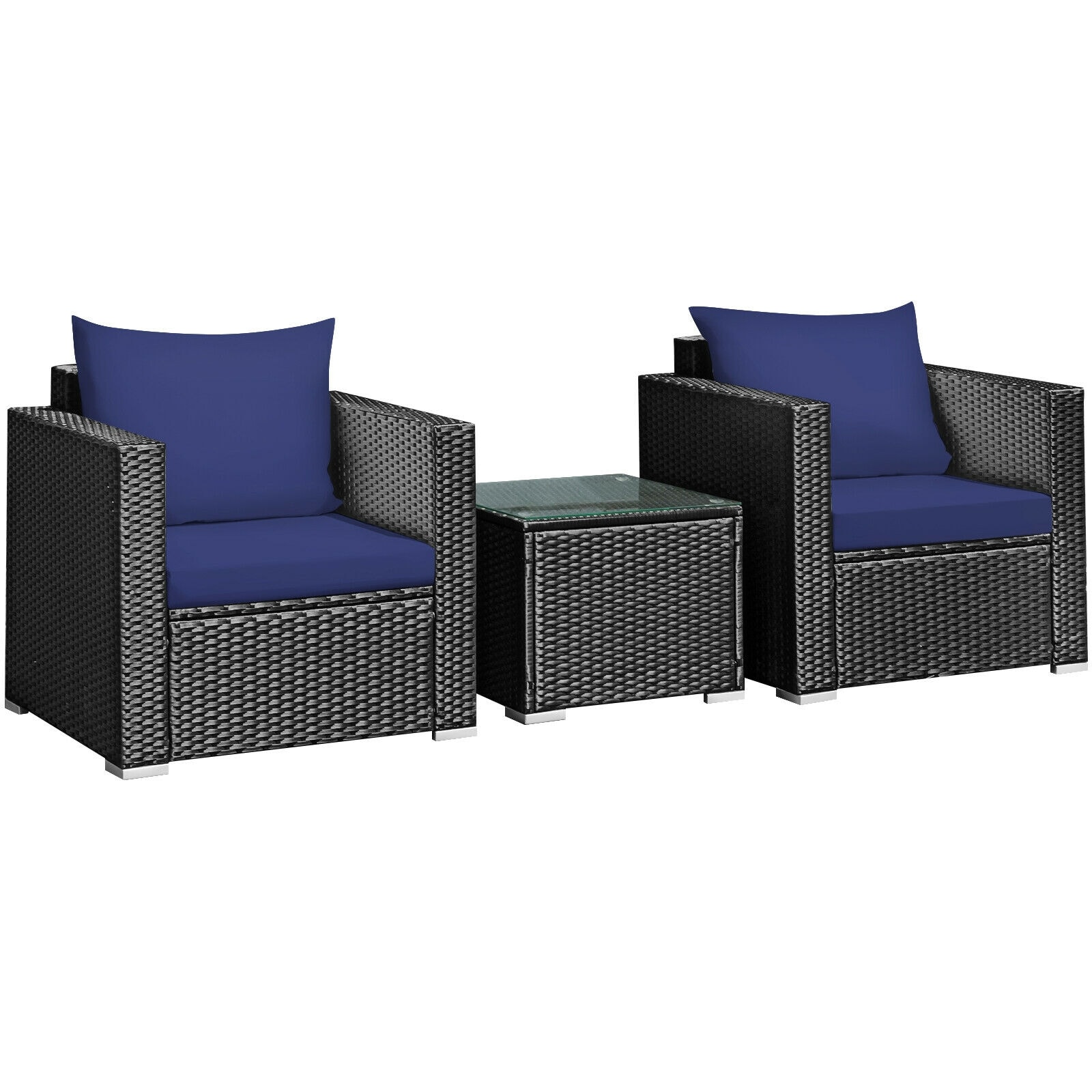 Forclover HYFE-66530GR Patio Conversation Sets 3 -Piece Rattan 2 Patio Sofa Conversation Set with Blue Cushions
