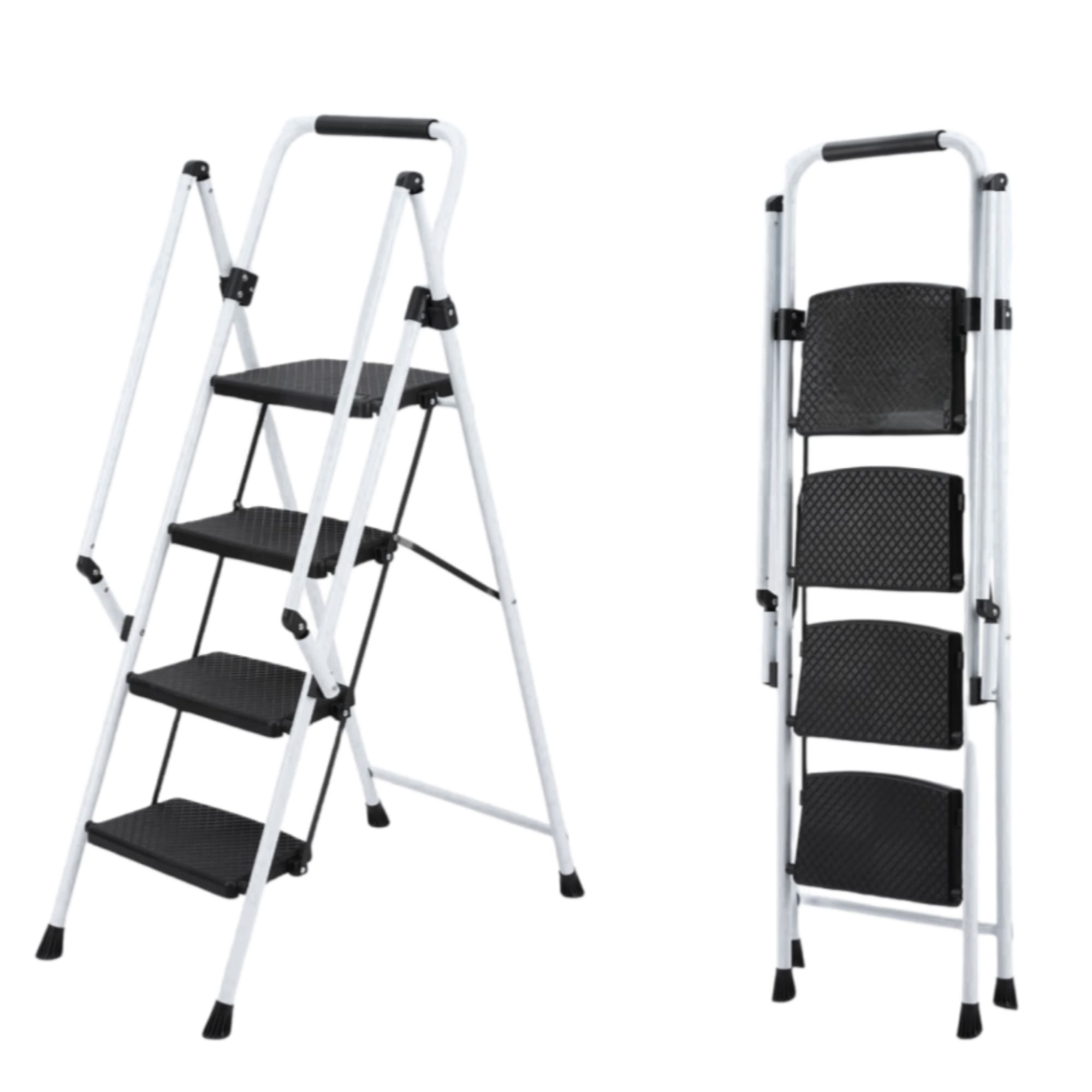 Ama Pear White Four Step Ladder Folding Anti Slip Pedal Safety Handle Steel