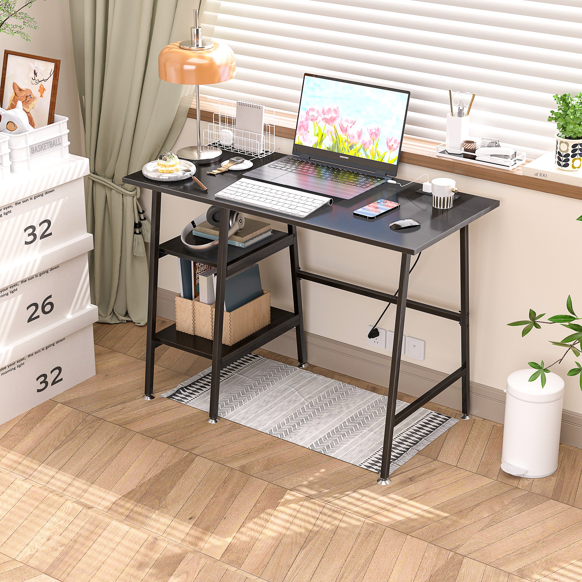 Vecelo LOE-DC-CD01-BLK-UP 43 Inch Small Computer Desk With Power Outlets Writing Desk With Storage Shelves Student Laptop PC Desks For Small Spaces Home Office