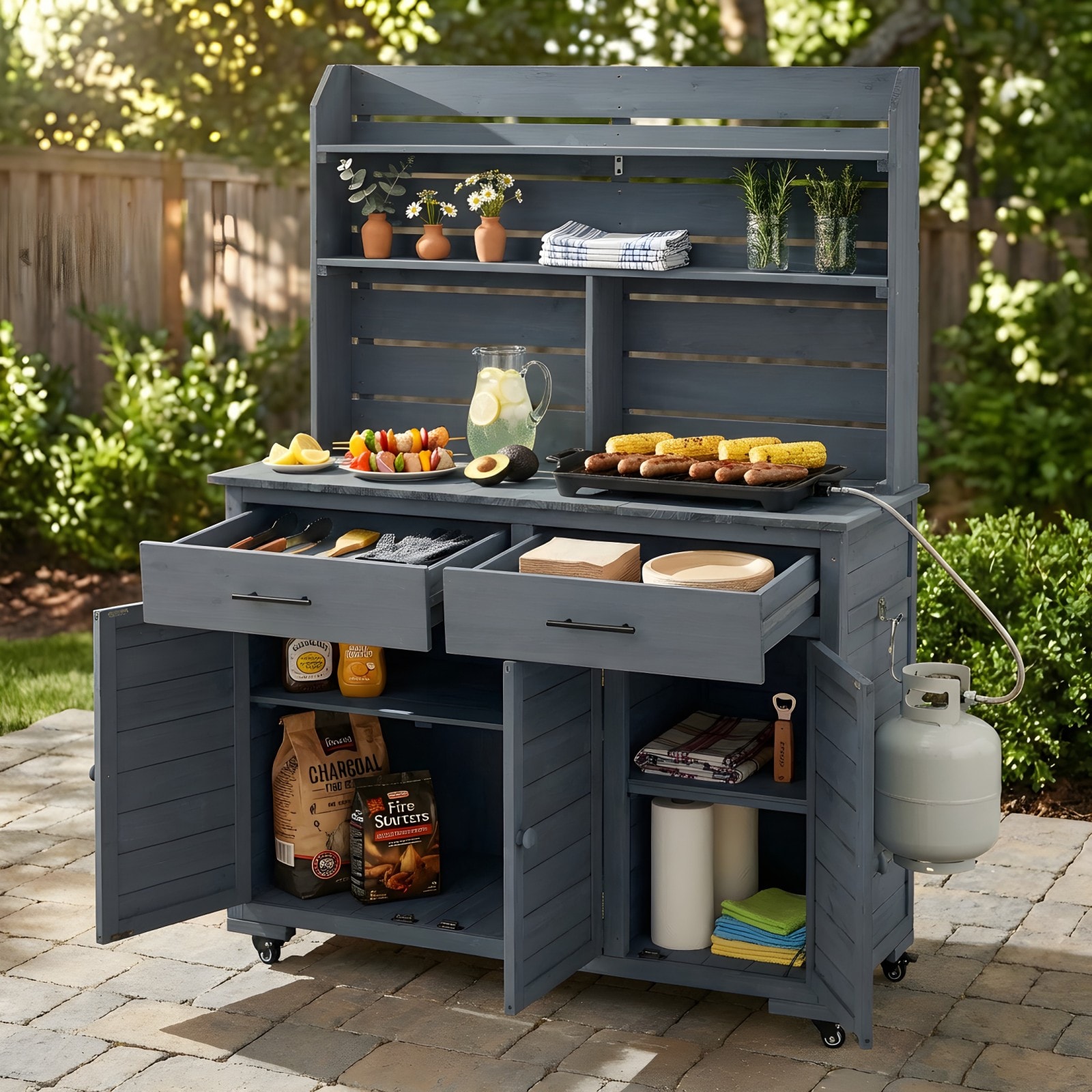 GlasFlength -  65 Inch H Large Garden Potting Bench with Assembly Video Lockable Wheels and Stora...