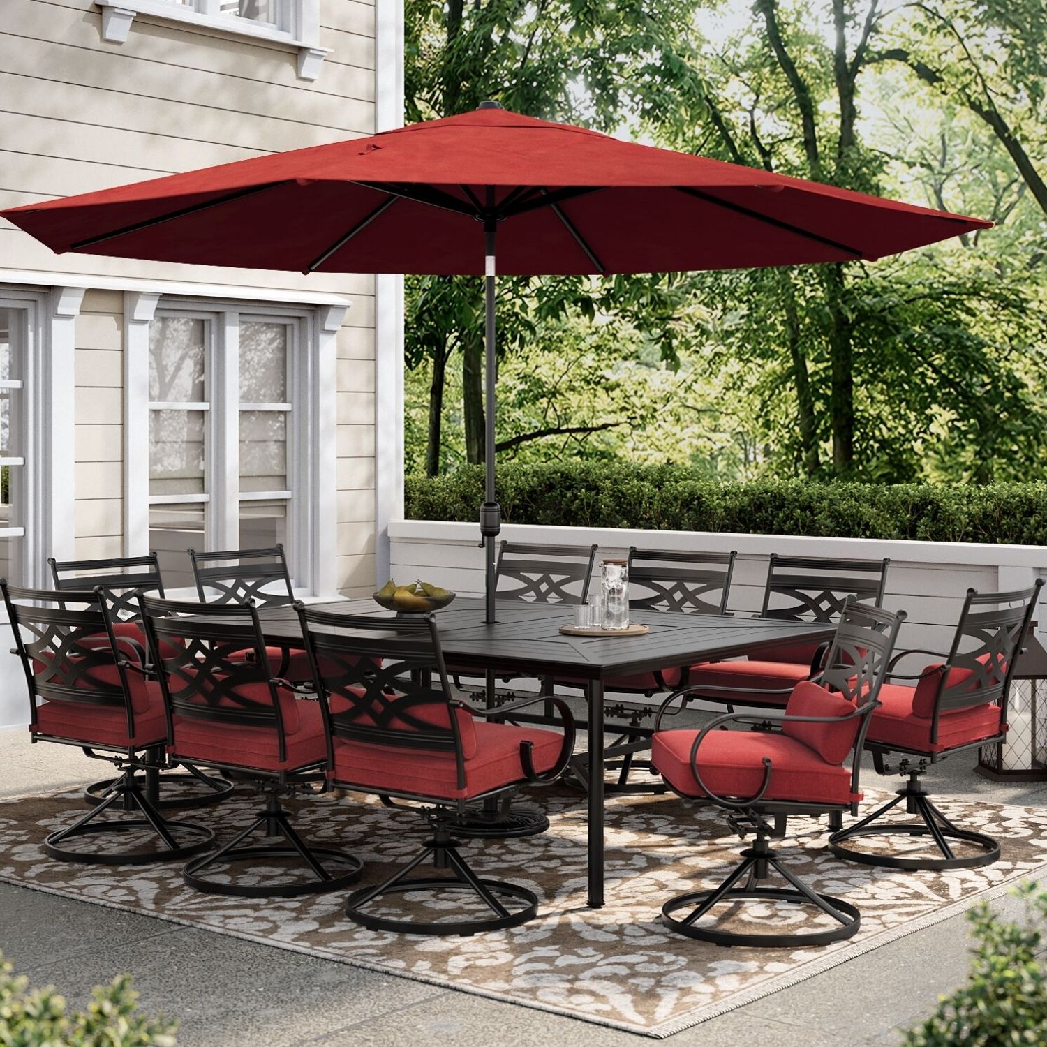 Hanover MCLRDN11PCSW10-SU-C Montclair 12 -Piece Dark Brown Patio Dining Set Steel Rectangle Table with 10 Red Cushions Swivel Rocker Chairs and Umbrella Included