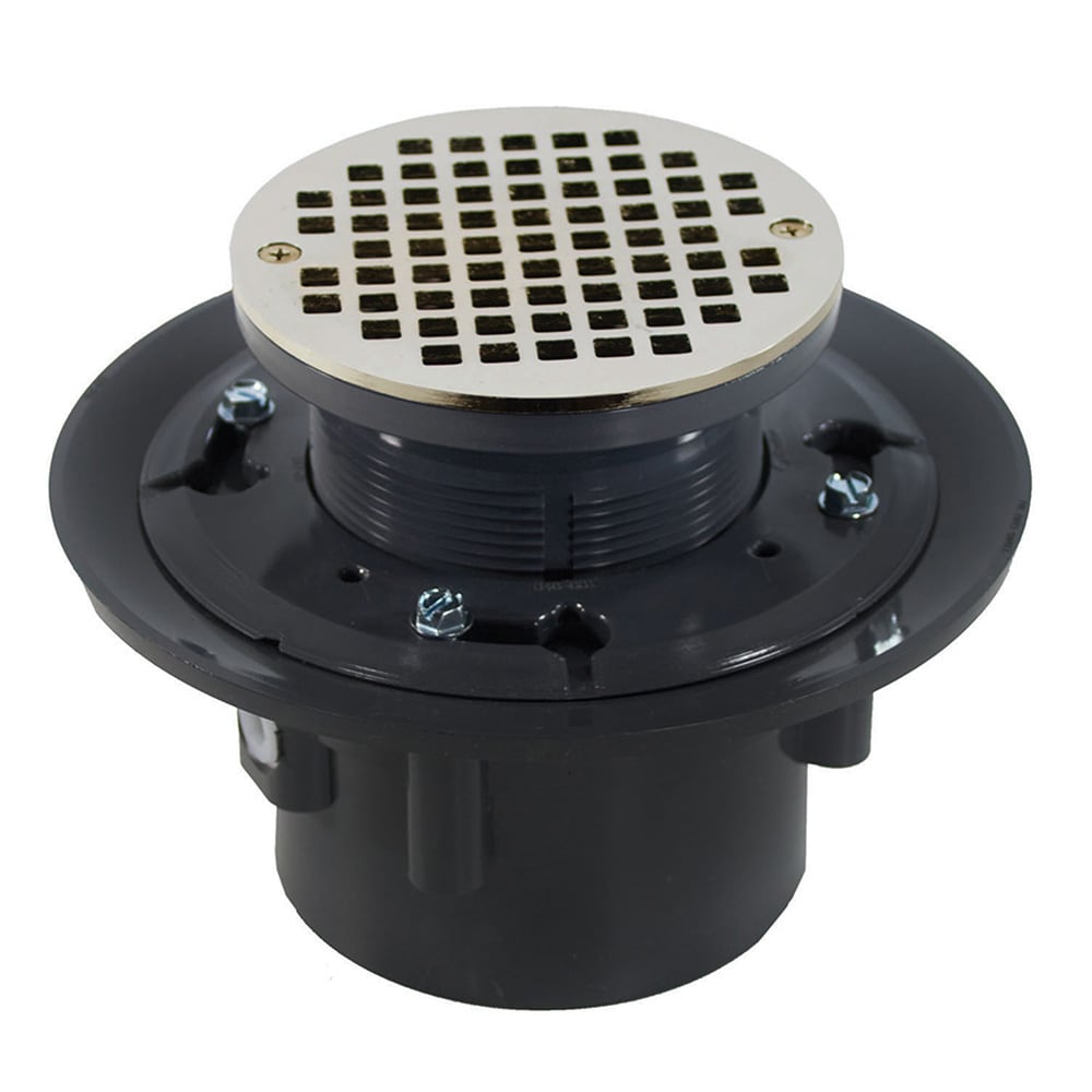 Jones Stephens D49243 4 inch Heavy Duty PVC Floor Drain Base with 3-1/2 inch Plastic Spud, 8-1/2 inch Pan and 6 inch Nickel Bronze Round Strainer