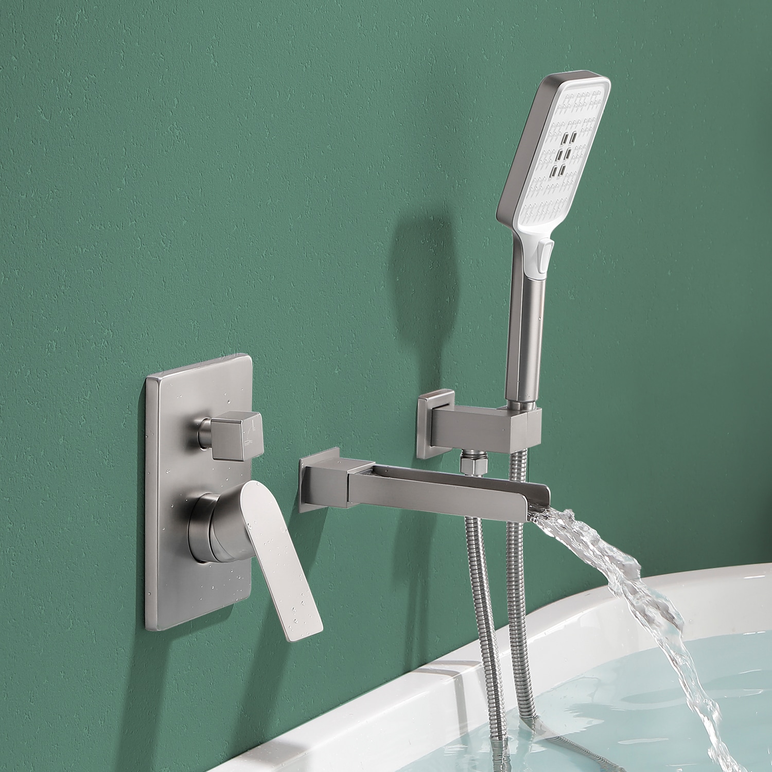 WELLFOR DTG-02KFBN DT Waterfall Bathtub Faucet Brushed Nickel 1-handle Wall-mount High-arc Bathtub Faucet with Hand Shower ( Valve Included )