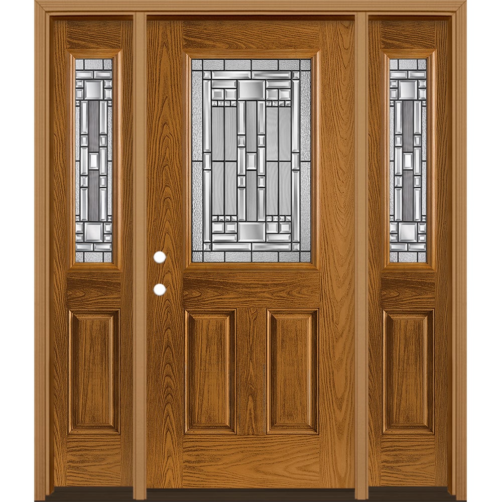 Masonite 3421048 Naples 60-in x 80-in x 4-9/16-in Fiberglass Half lite Right-hand inswing Oakcrest Stained Prehung Single door with sidelights Front Door with Brickmould Insulating core Decorative glass