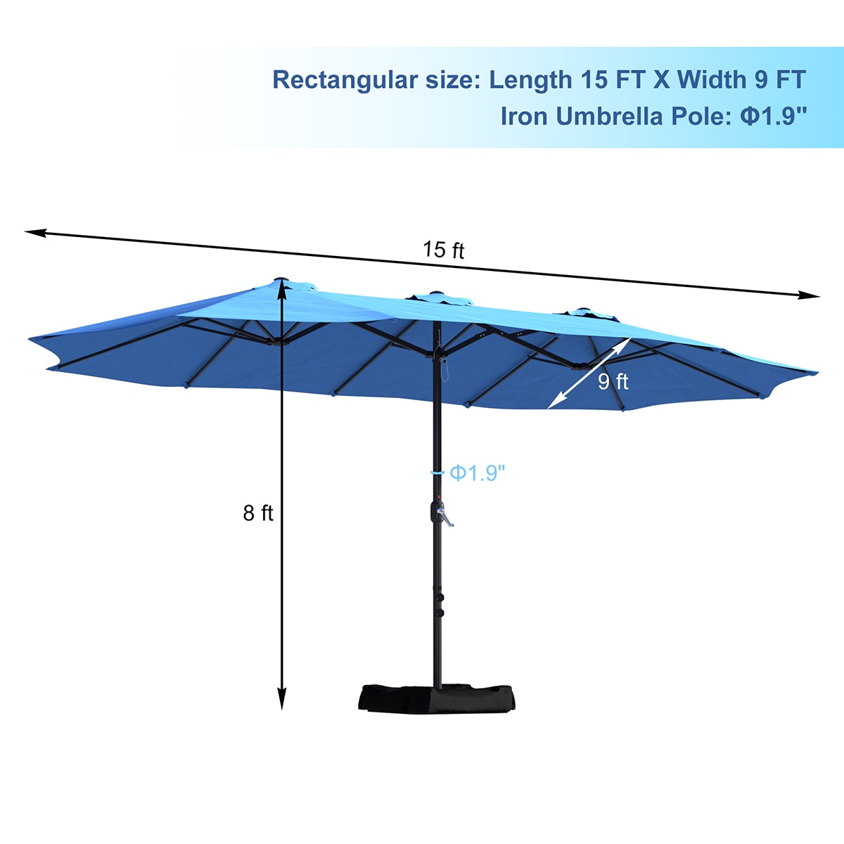 Clihome 15ft Steel Rectangular Notilt Market Patio Umbrella with Base