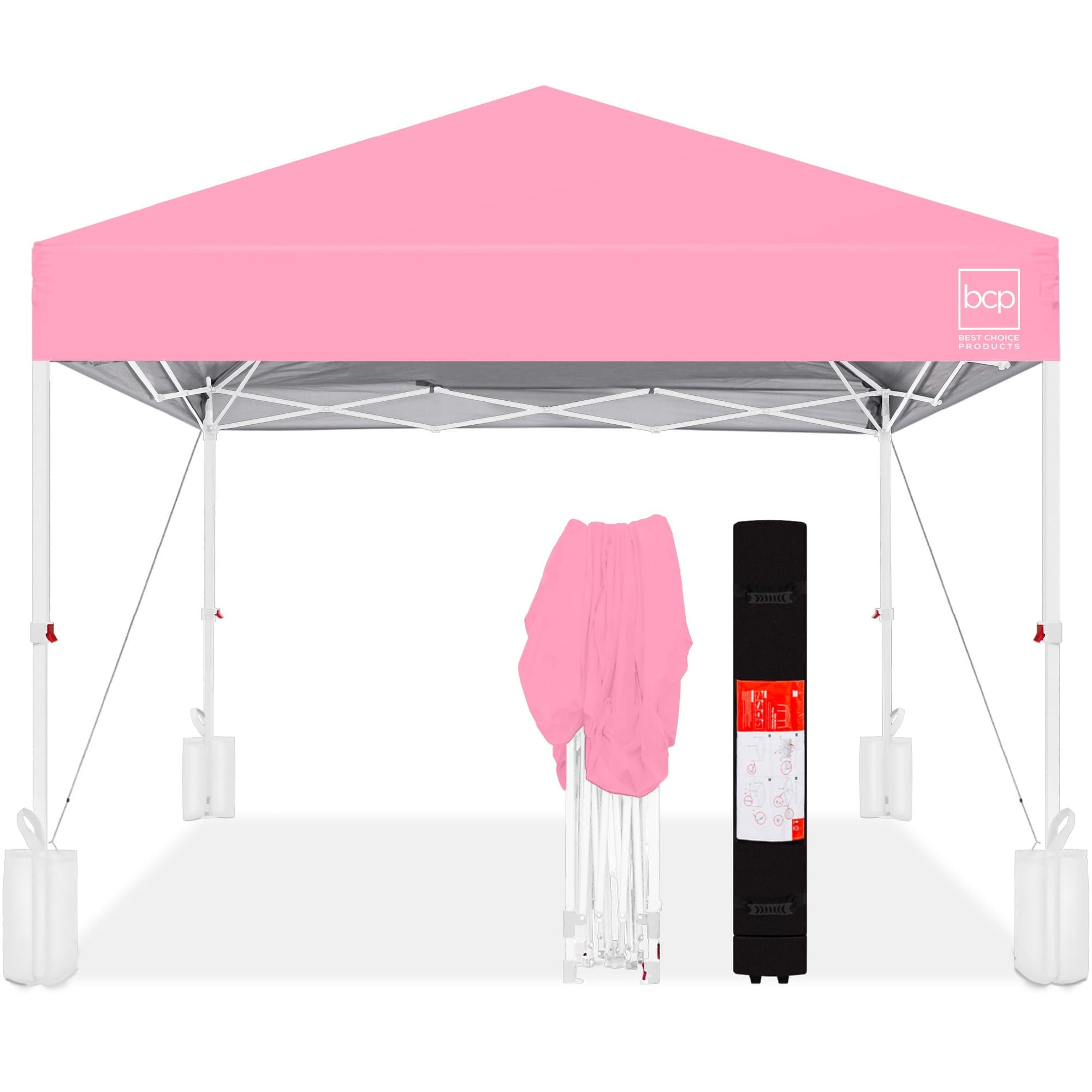 Best Choice Products SKY9655 10x10ft Easy Setup Pop Up Canopy w/ 1-Button Setup Wheeled Case 4 Weight Bags - Pink/White