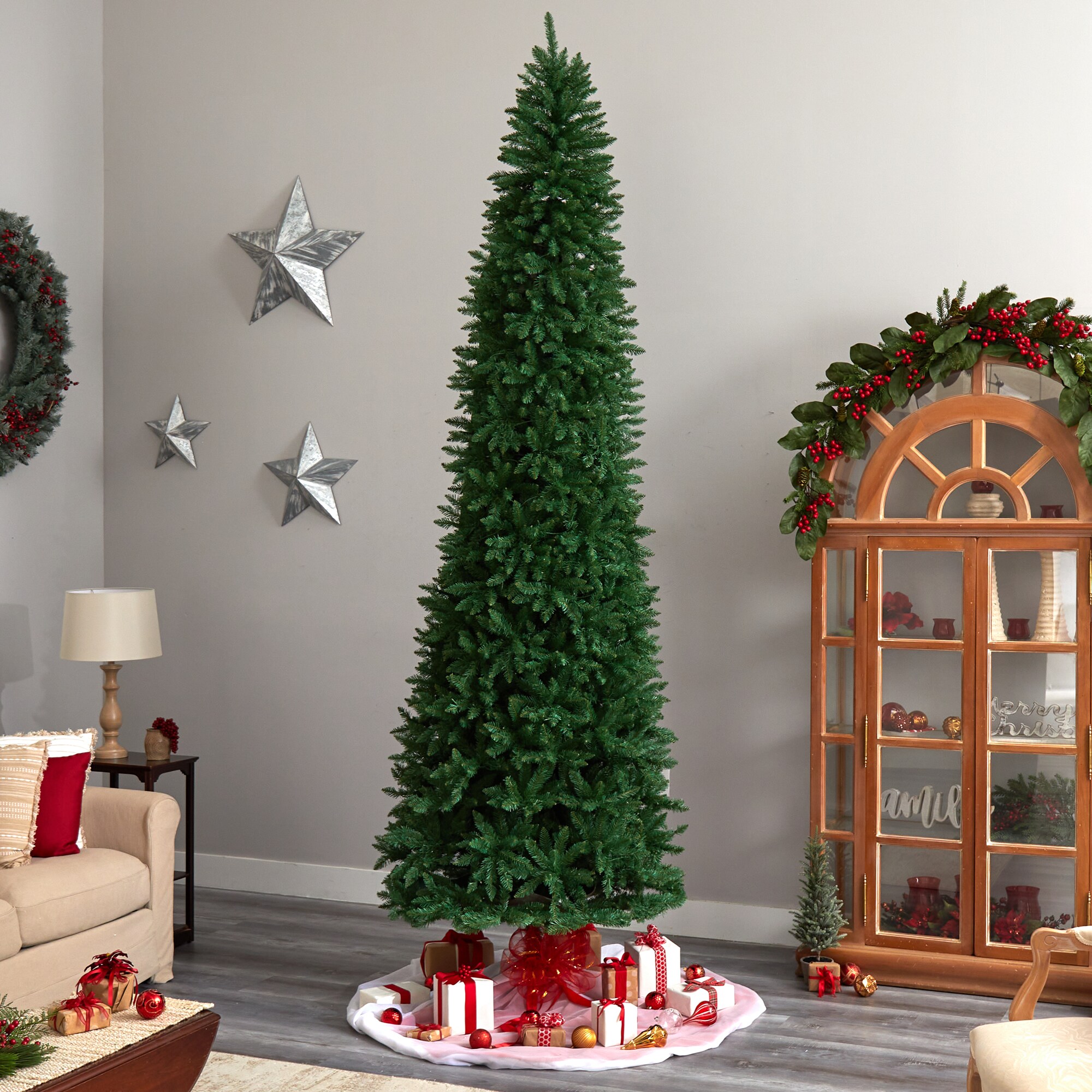 Nearly Natural 11-ft Scotch Pine Pre-lit Slim Artificial Christmas Tree ...