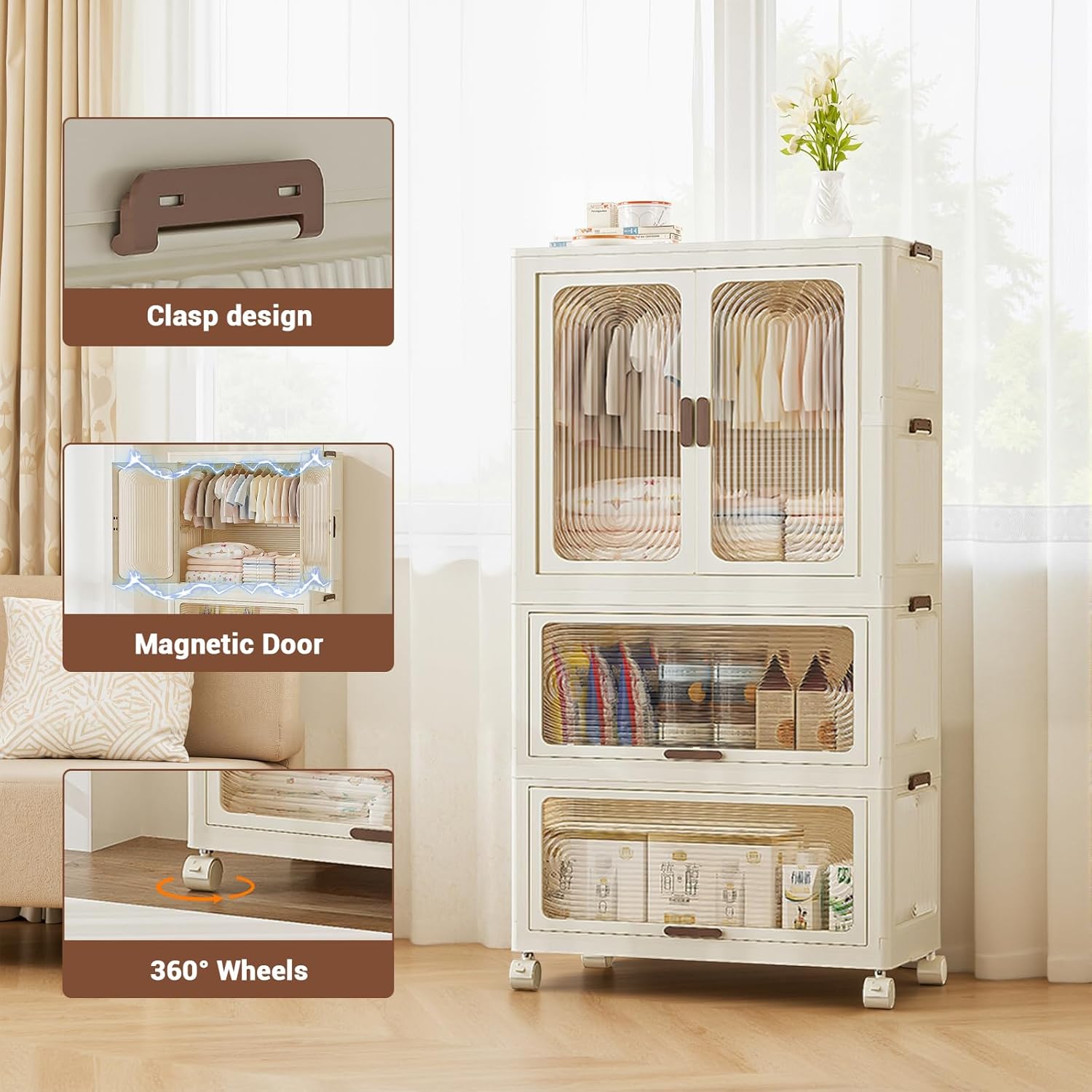Qeetex QPOPHK33UJCQ8B Large Portable Wardrobe Closet with Hanging Rod Foldable Design Wheels and Multiple Storage Compartments