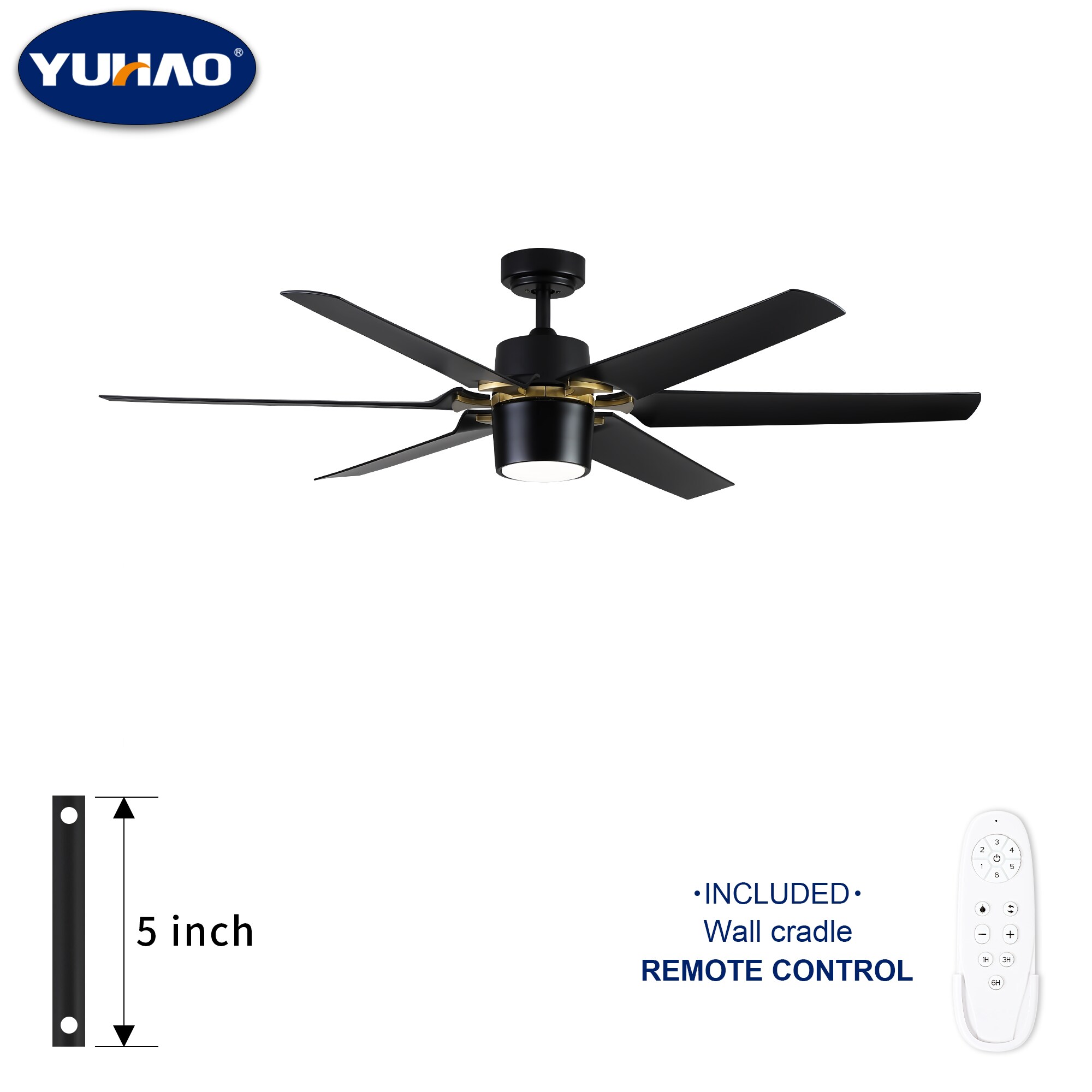 YUHAO LSDC1127BK602 Bretter 60-in Color-Changing Integrated LED Black with Matte Blades Ceiling Fan With Light and Remote ( 6 -Blade )