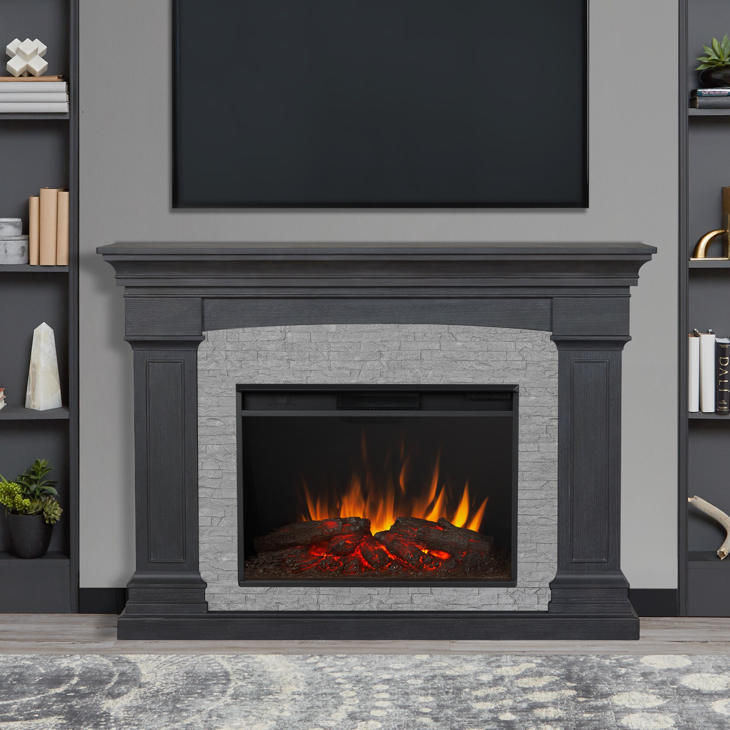 Real Flame 63-in W Gray Stone TV Stand with Fan-forced Electric Fireplace