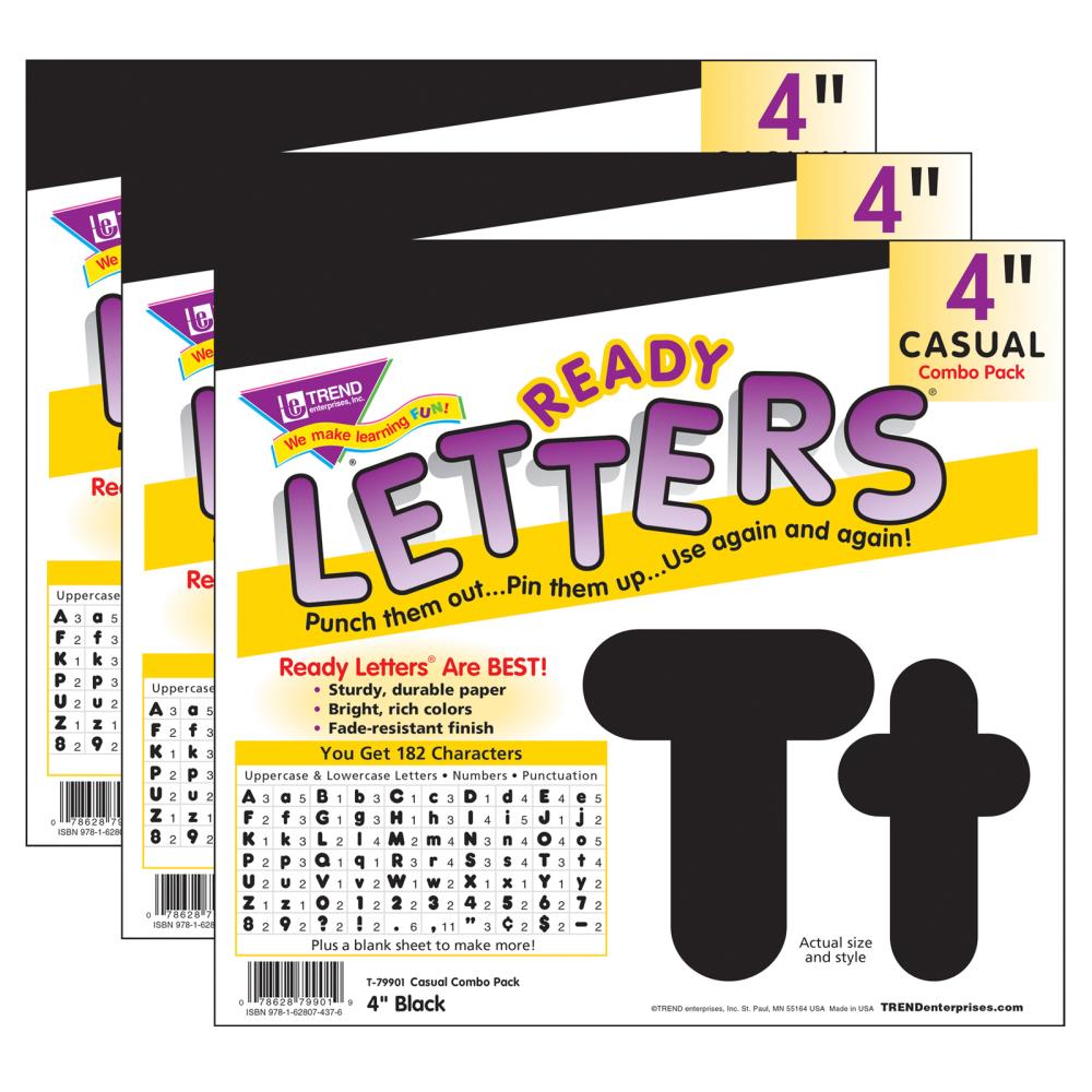 TREND Enterprises T-79901-3 Black, 4-in, Casual Uppercase/Lowercase Combo Pack Ready Letters, 182 Per Pack, 3 Packs