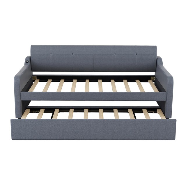 Qualler Gray Upholstered Daybed with Trundle and 2 USB Ports Twin ...