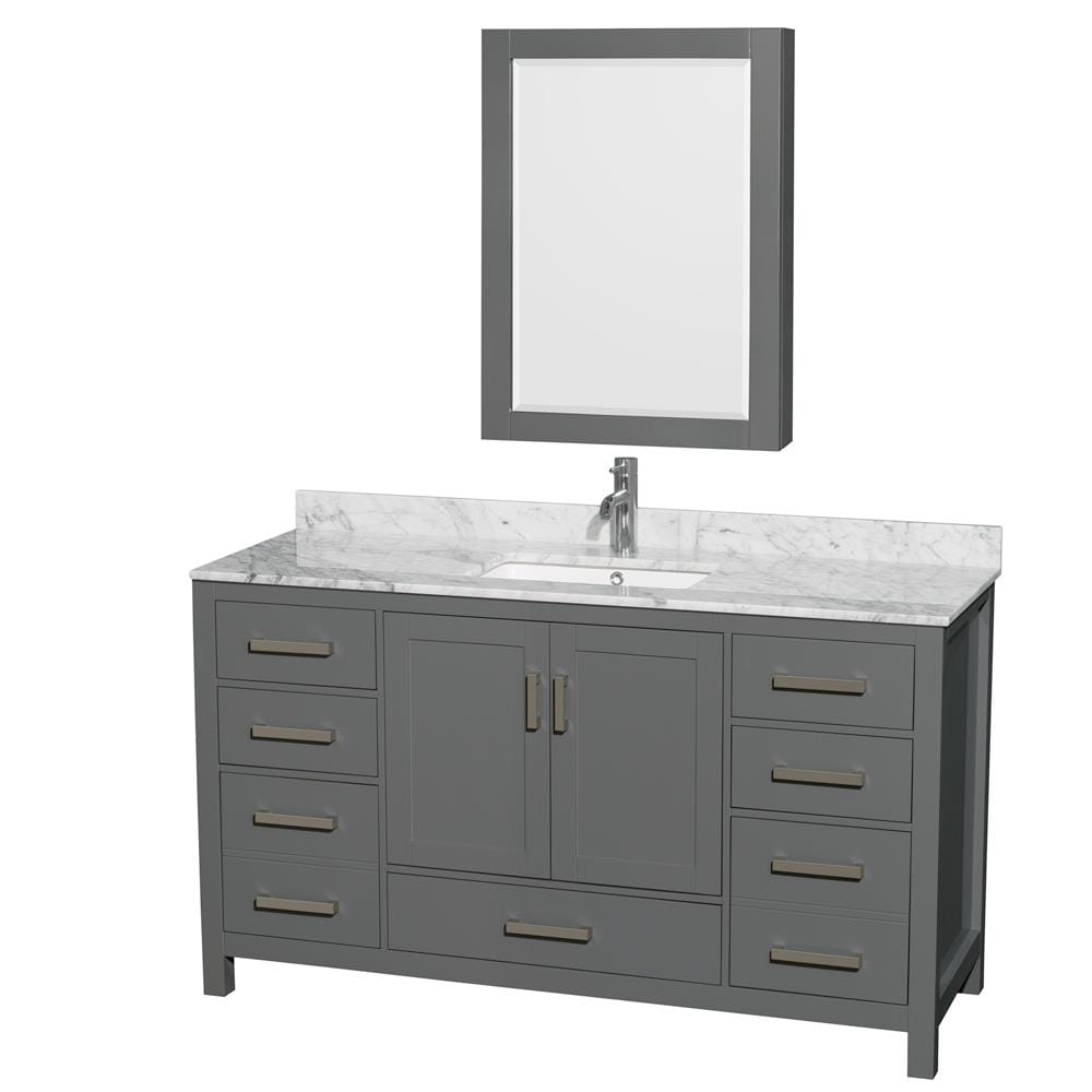 Wyndham Collection WCS141460SKGCMUNSMED Sheffield 60-in Dark Gray with Brushed Chrome Trim Undermount Single sink Bathroom Vanity with White Carrara Marble Natural marble Top (Mirror Included)
