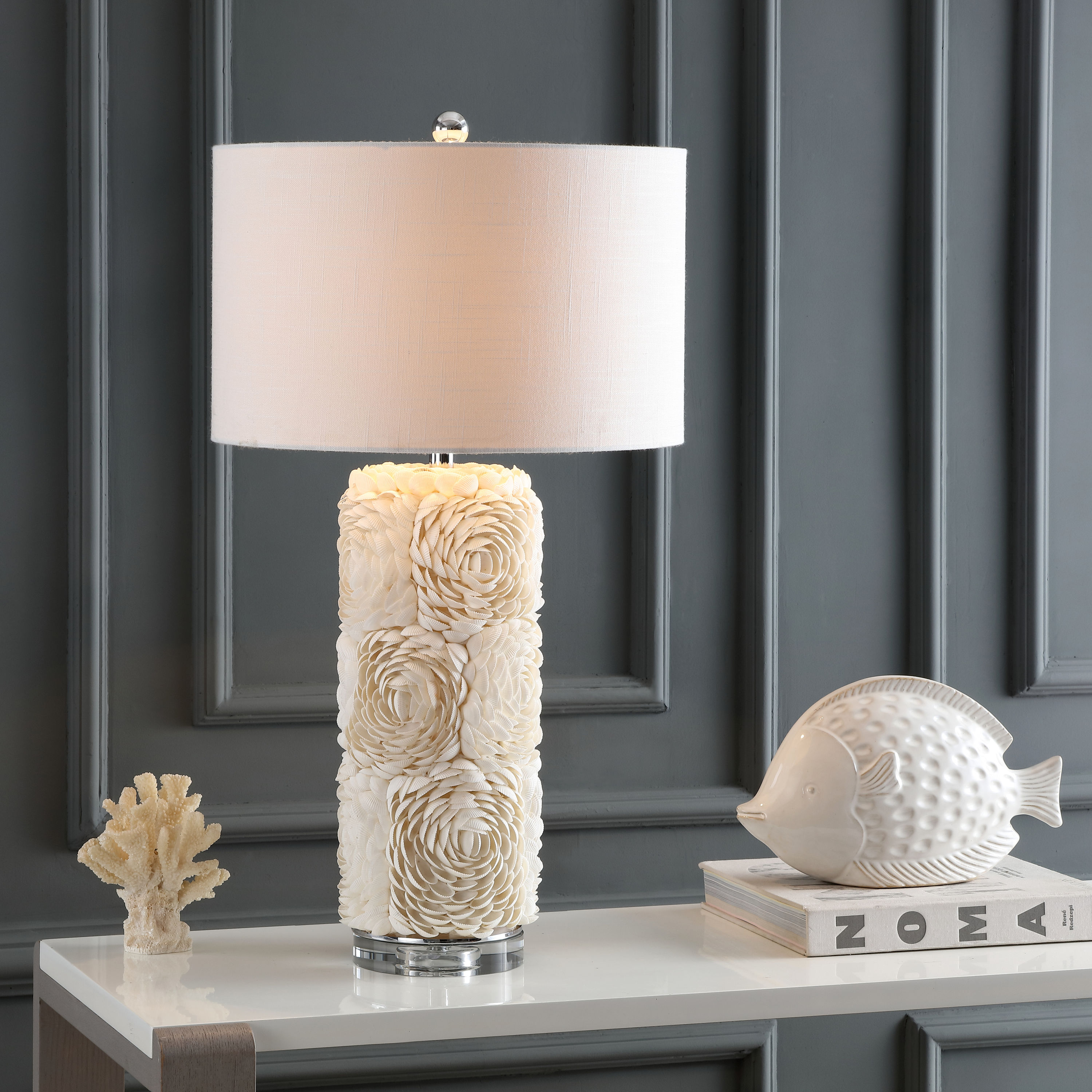 JONATHAN Y Rosette Seashell Contemporary Transitional 28.5 in Chrome Led Rotary Socket Table Lamp with Linen Shade JYL1006A at Lowes