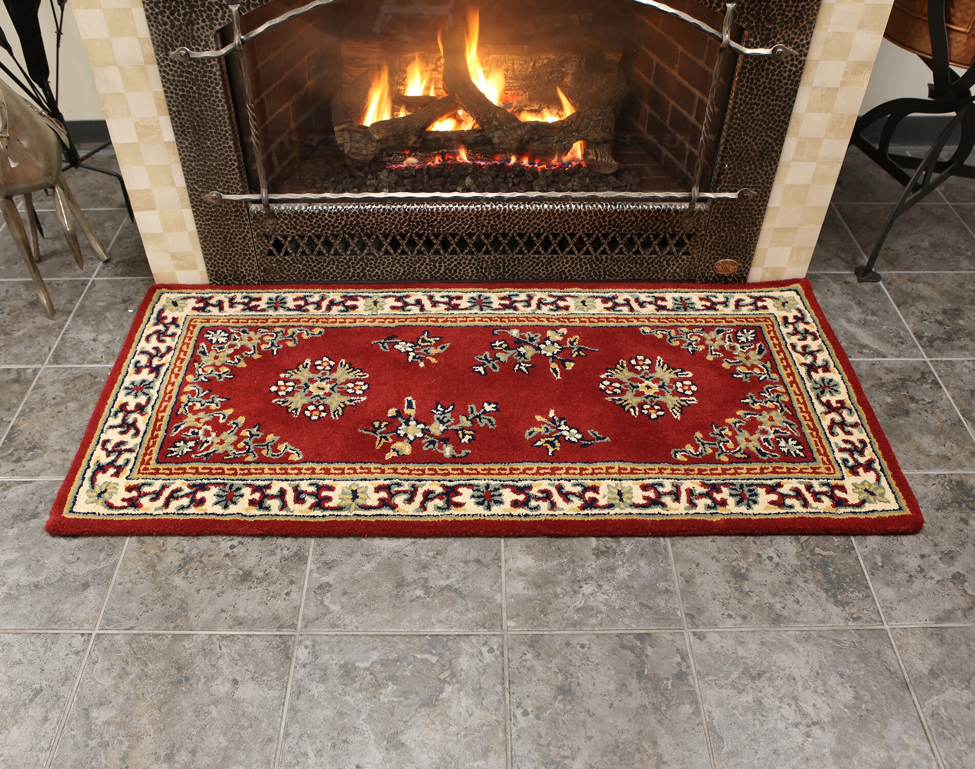 Elegant Burgundy Oriental Hearth Rug in Handmade Wool, 56"x26"