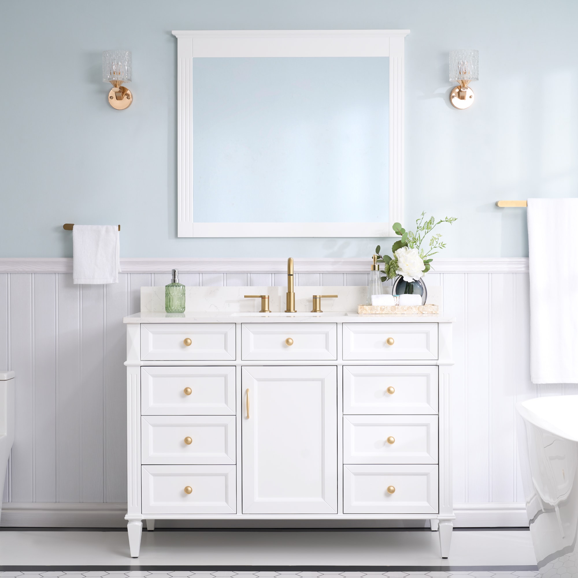 WELLFOR ELISA48QZ-WT ELISA Solid Wood Bathroom Vanities with Top 48-in White Undermount Single Sink Bathroom Vanity with Carrera white Quartz Top