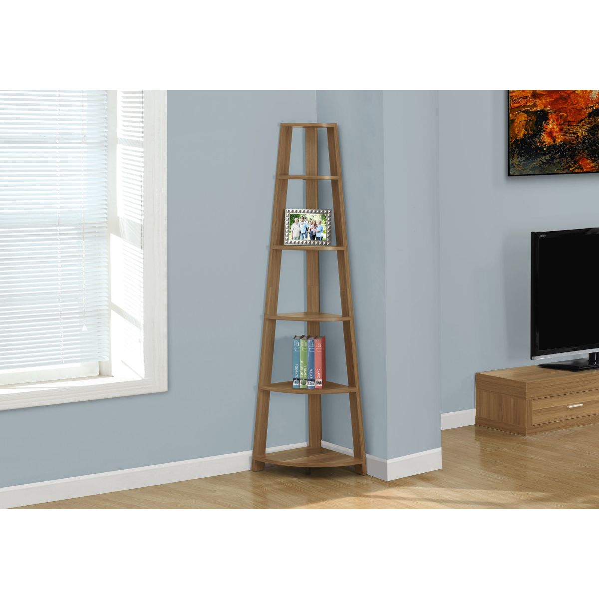 HomeRoots 332854 Jasmine Walnut Recycled Paperboard 5-Shelf Corner Bookcase (15.5-in W x 71.25-in H x 22.5-in D)