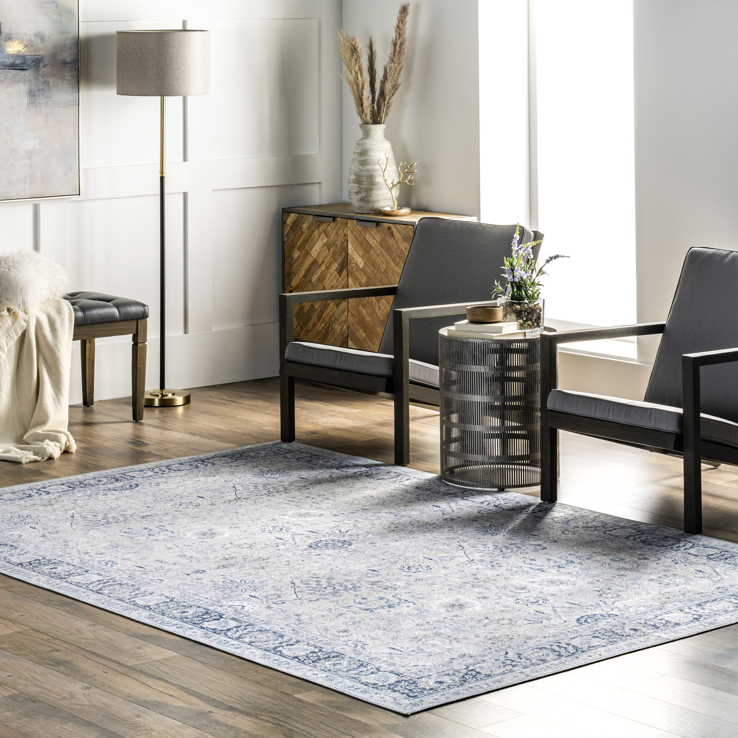 Lauren Liess x Rugs USA HJAU25A-9012 Ivy 9 x 12 (ft) Loomed Polyester Light Blue Rectangular Indoor Medallion Machine washable Area rug