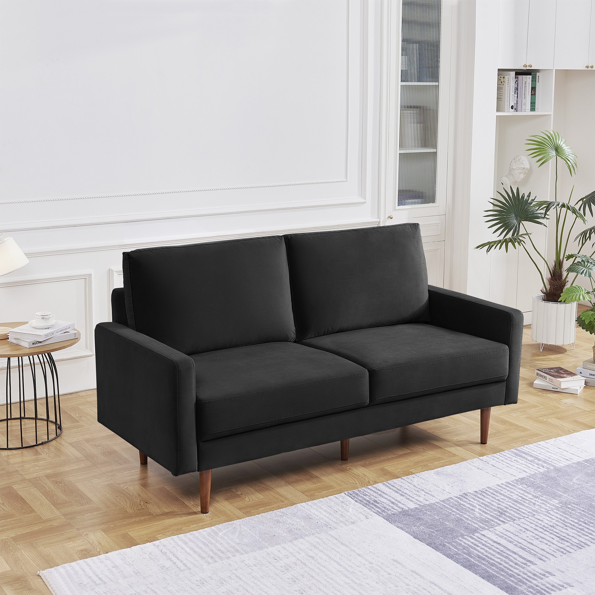 69 Inch Black Velvet Lawson Sofa with Wood Legs