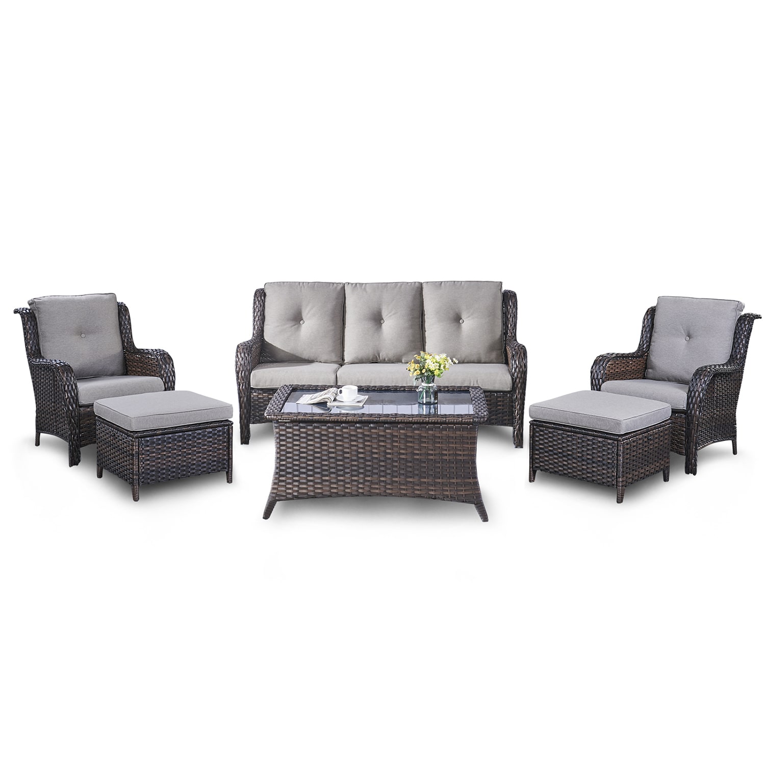 Rilyson FS013018006014-3 Curved Handrail 6 -Piece Wicker Patio Sofa Conversation Set with Gray Cushions