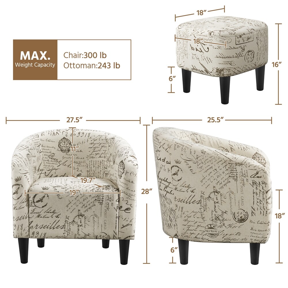 Yaheetech Letter Print Fabric Barrel Chair and Ottoman Set for Living ...