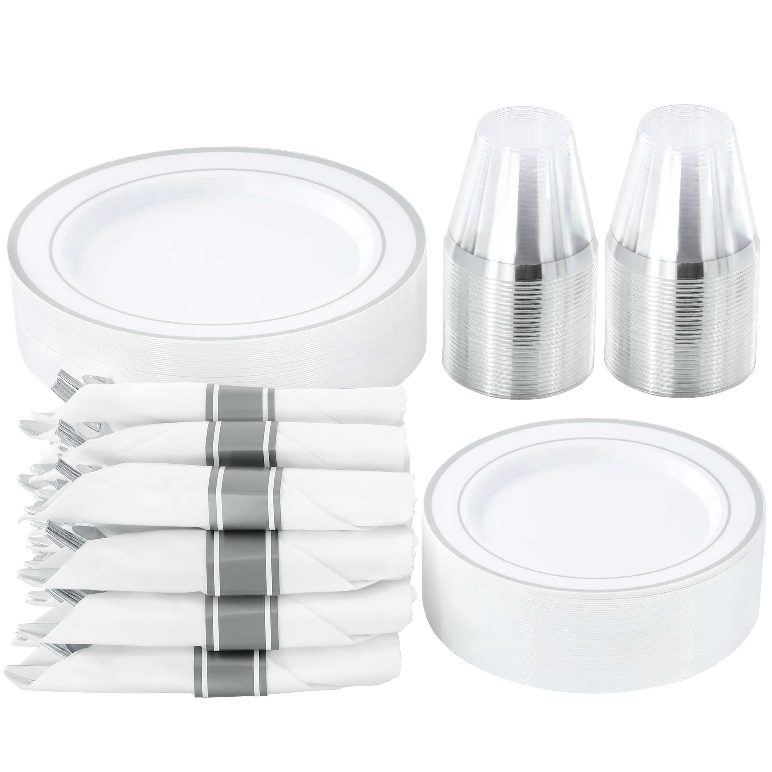Elama  350 Piece Disposable Plastic Dinnerware Party Set for 50 Guests in White with Silver Trim