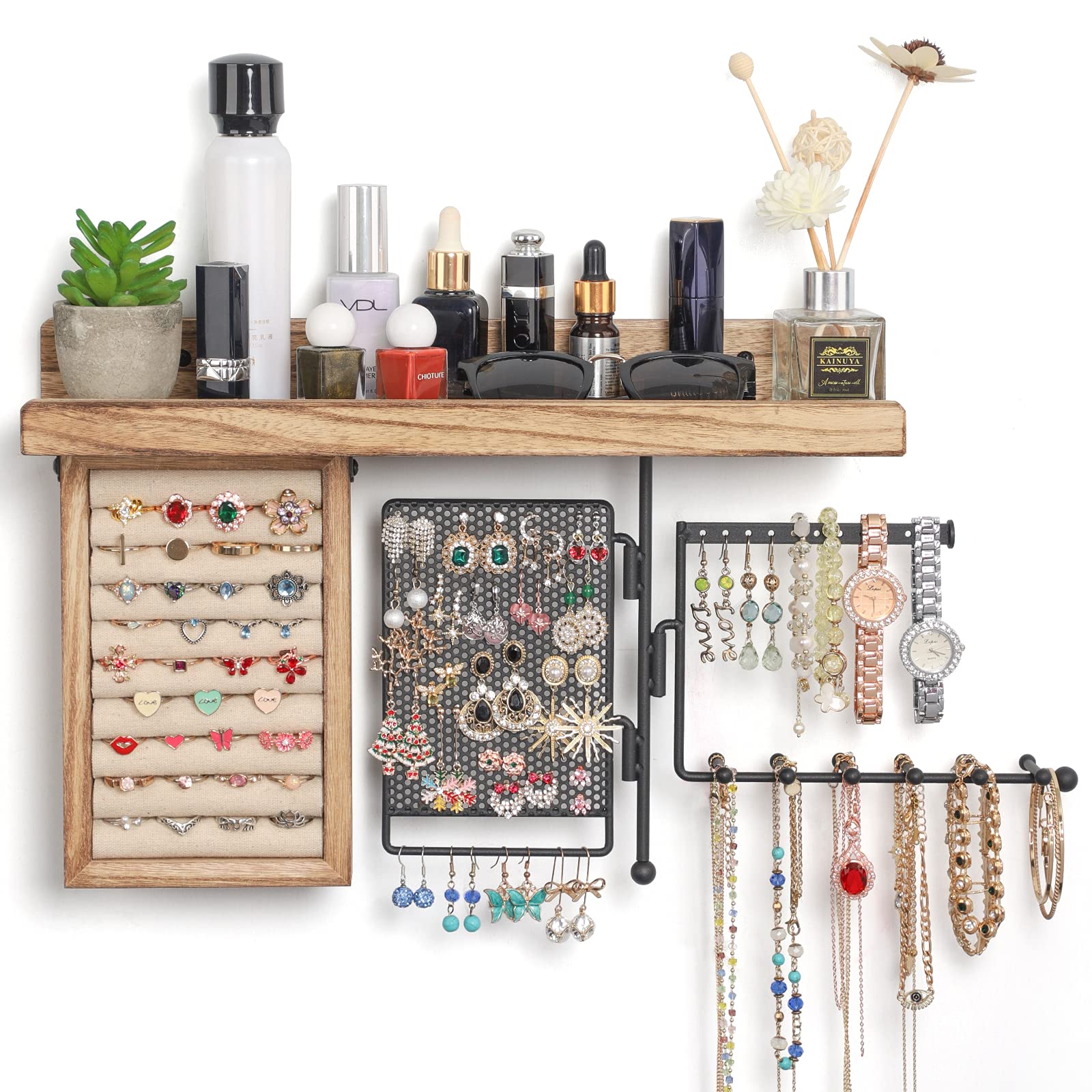 Adrinfly  Hanging Jewelry Organizer Wall Mount with Rustic Wood Shelf Ring Display Box Ear Studs Earring Holder Rotating Necklace Holder Organizer