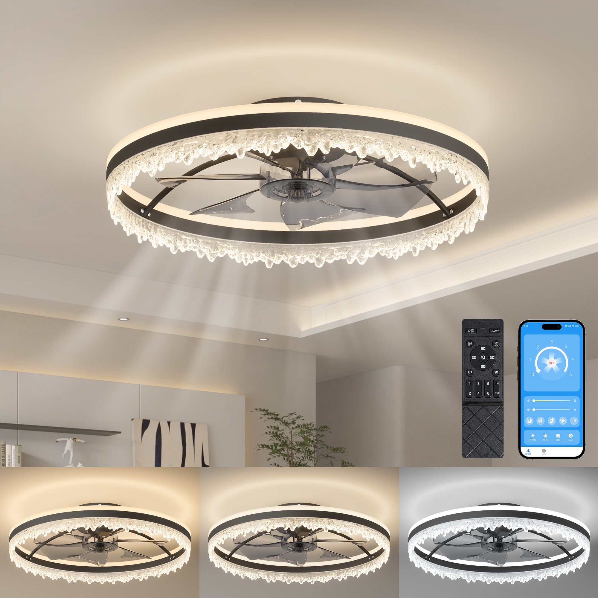 Zitrend 24-in Black Crystal Ceiling Fan With Light LED Fandelier with Dimmable Light App Control and Remote Control Included for Bedroom and Dining Room