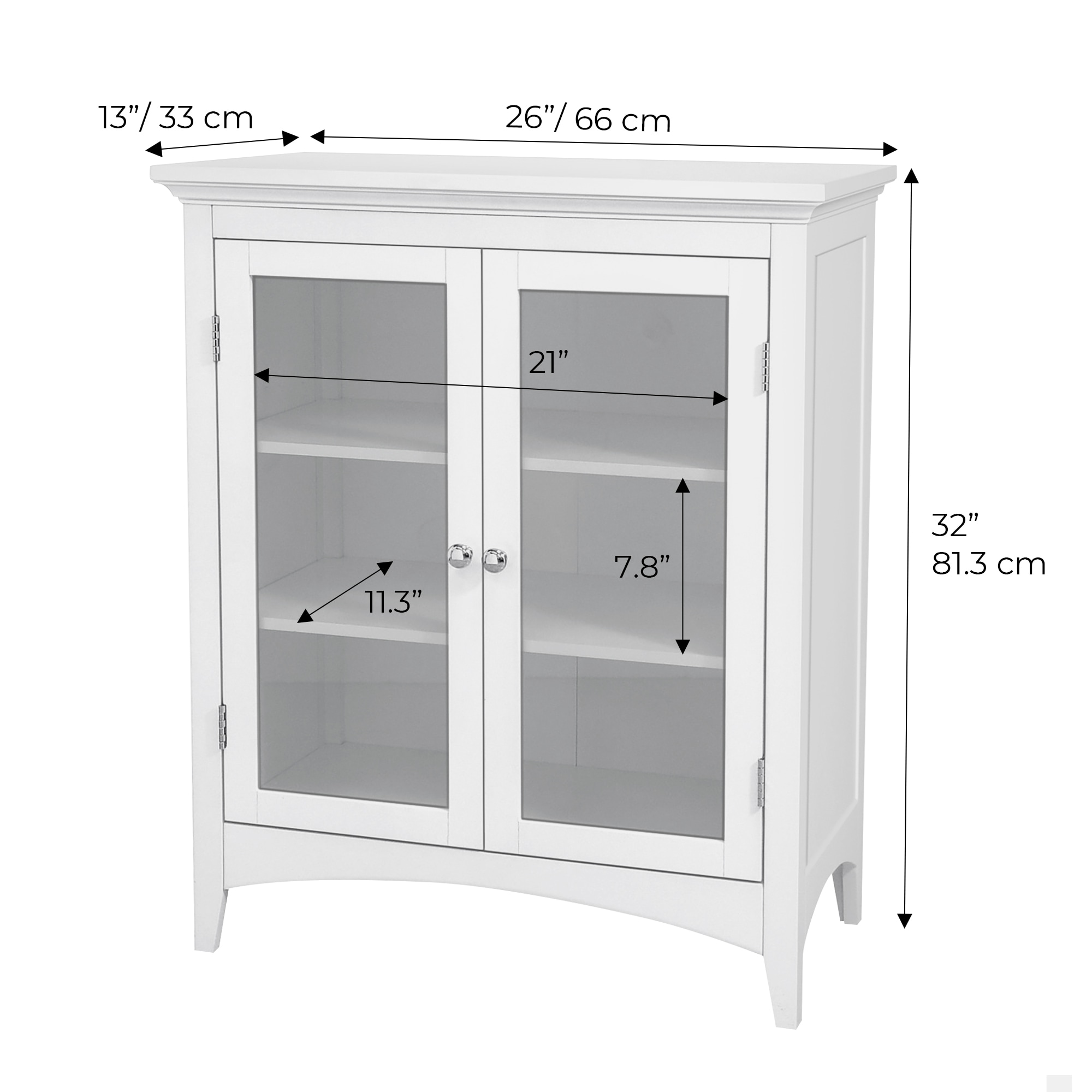 Madison Classic White Floor Cabinet with Glass Doors and Chrome Knobs