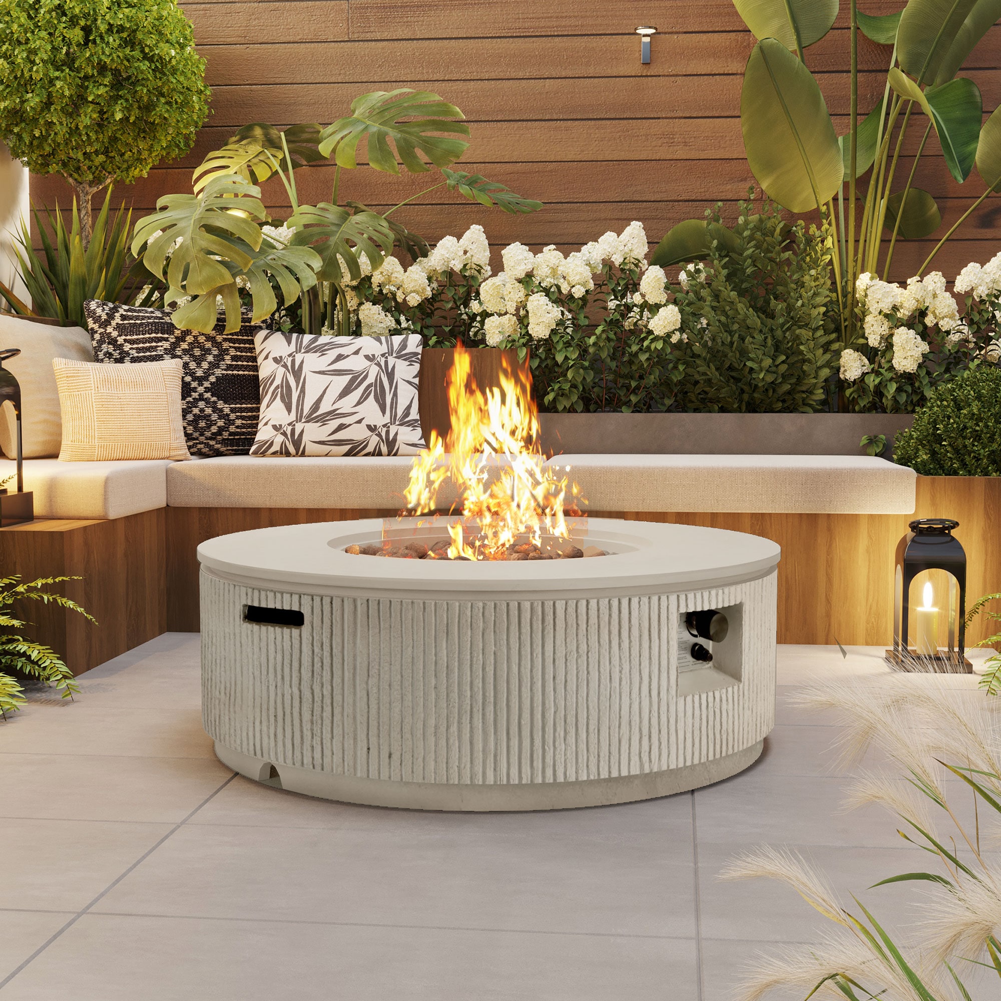 GDFStudio 38.19inch W MGO Propane Fire Pit with Vertical Stripe Beige Portable Round Tabletop Gas Fire Pit 50000 BTU