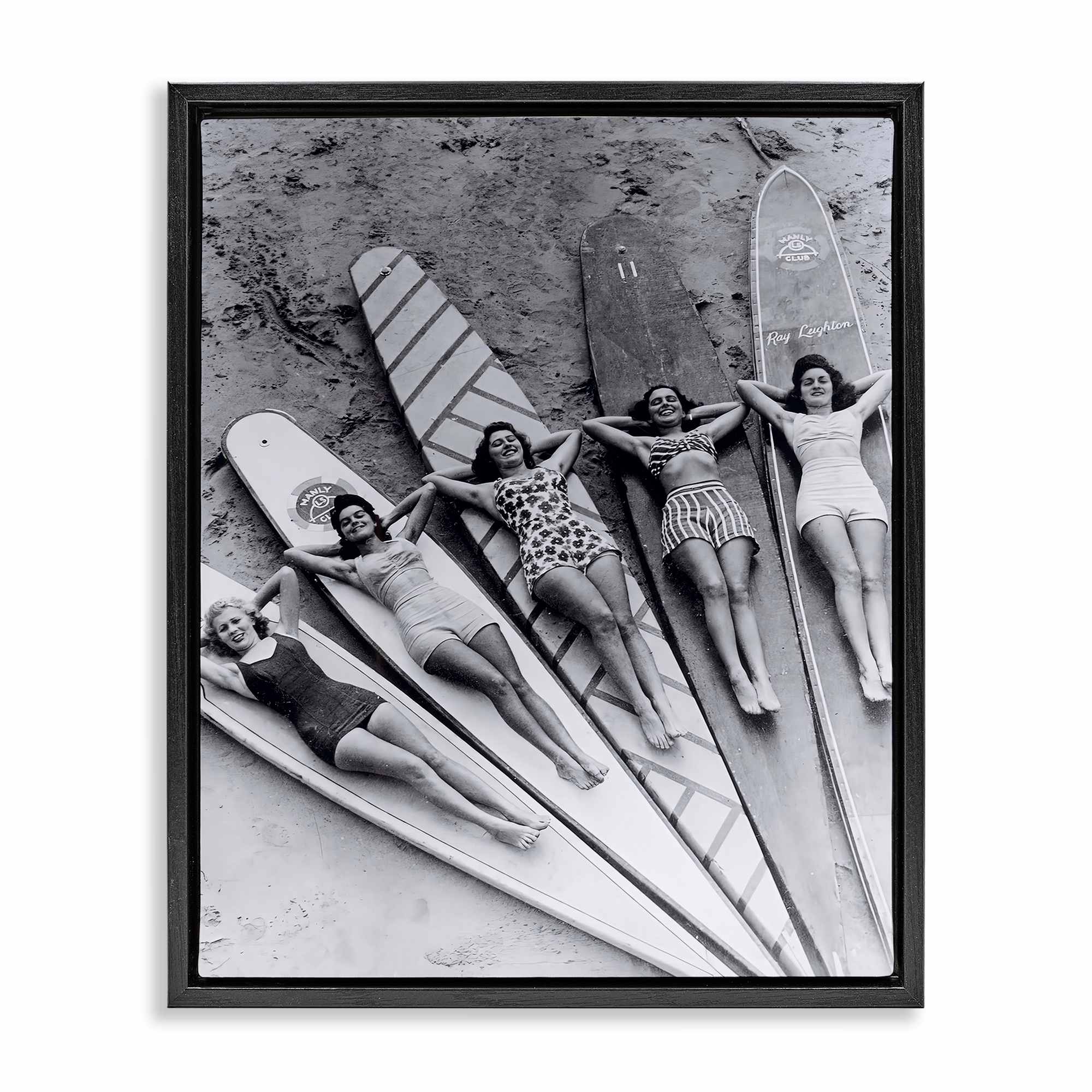 Stupell Industries BT-705-FFB-16X20 Vintage Women on Surfboards Black Framed Floater Canvas Wall Art By Arlington Prints 17 x 21