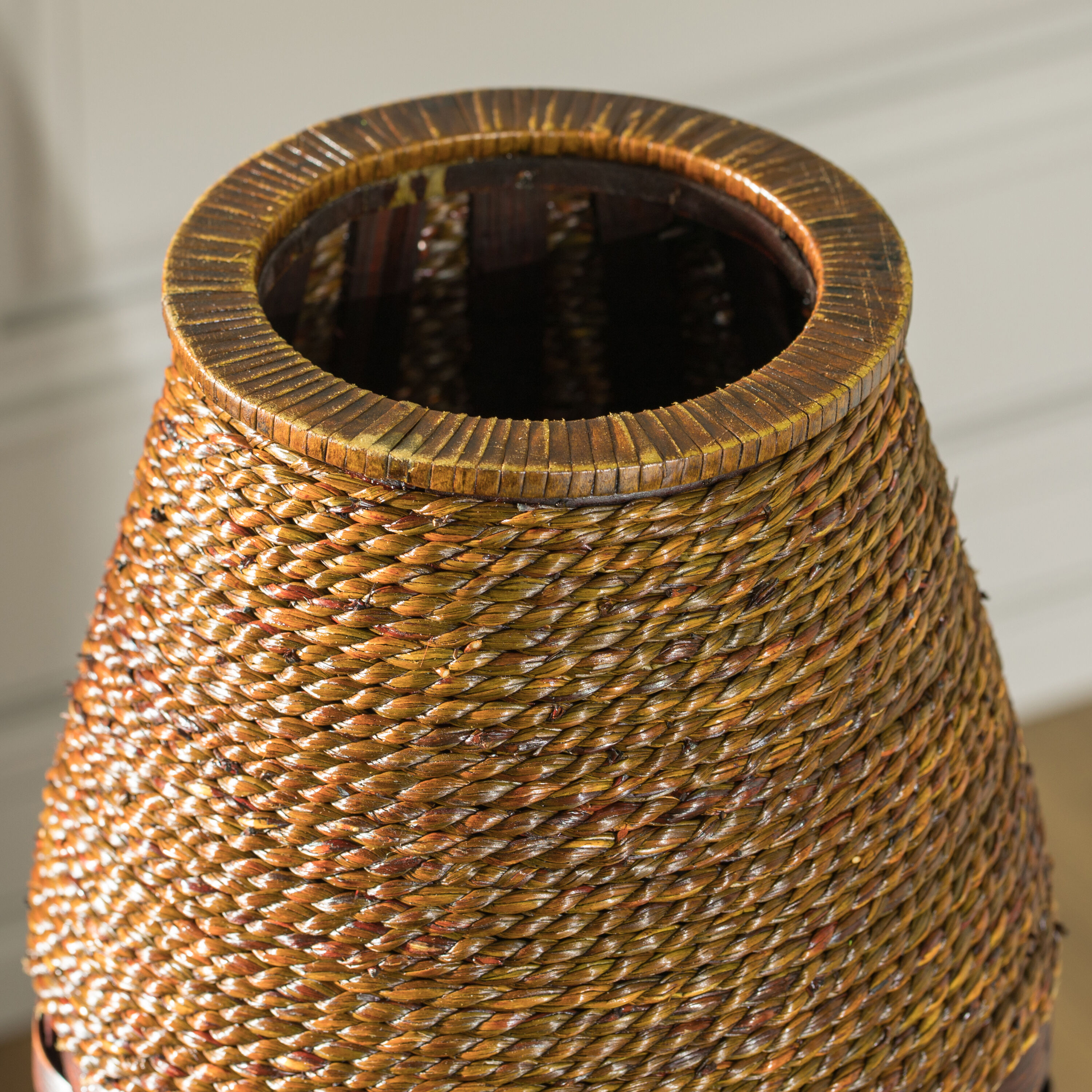 Antique Bamboo Rope Cylinder Floor Vase, Brown, 26"