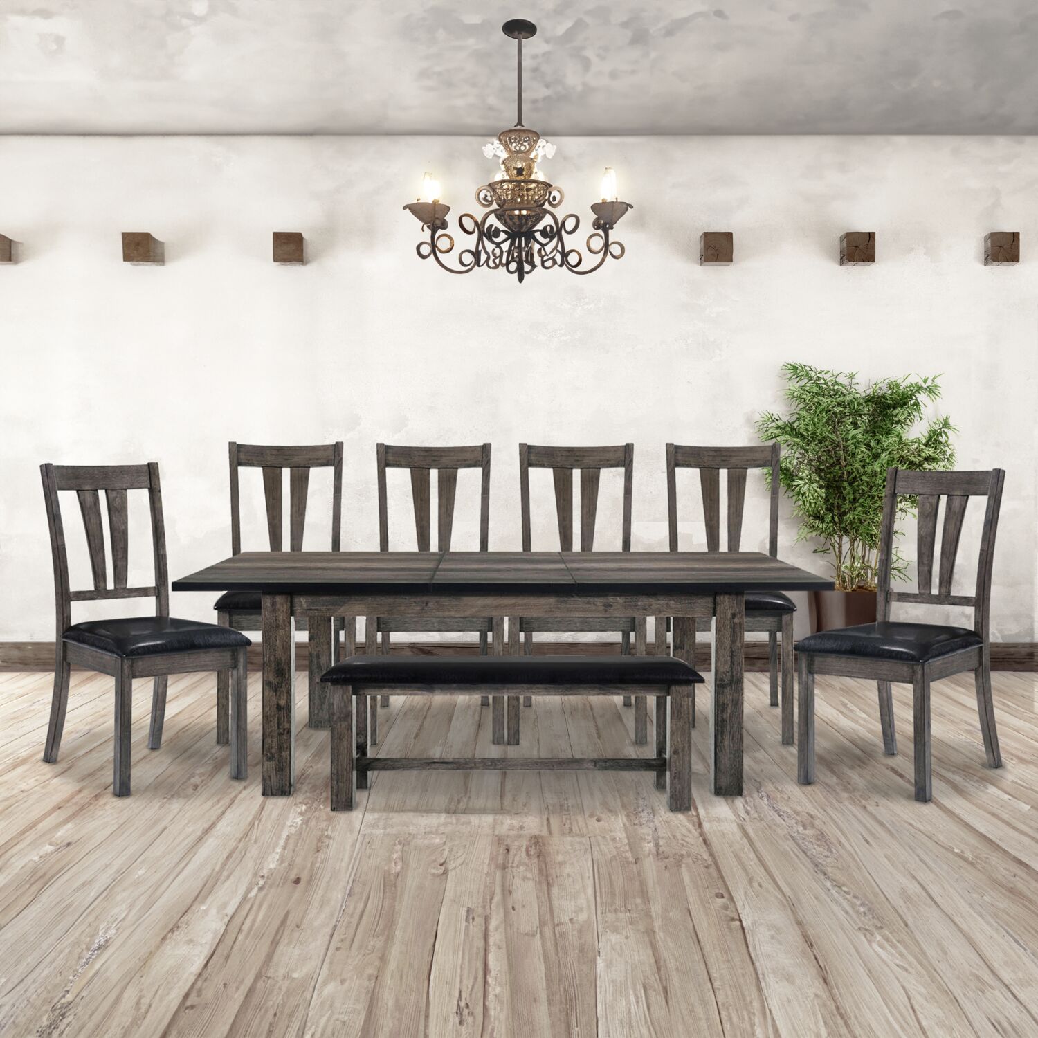 Rustic Gray Oak 8-Piece Dining Set with High-Back Chairs and Bench