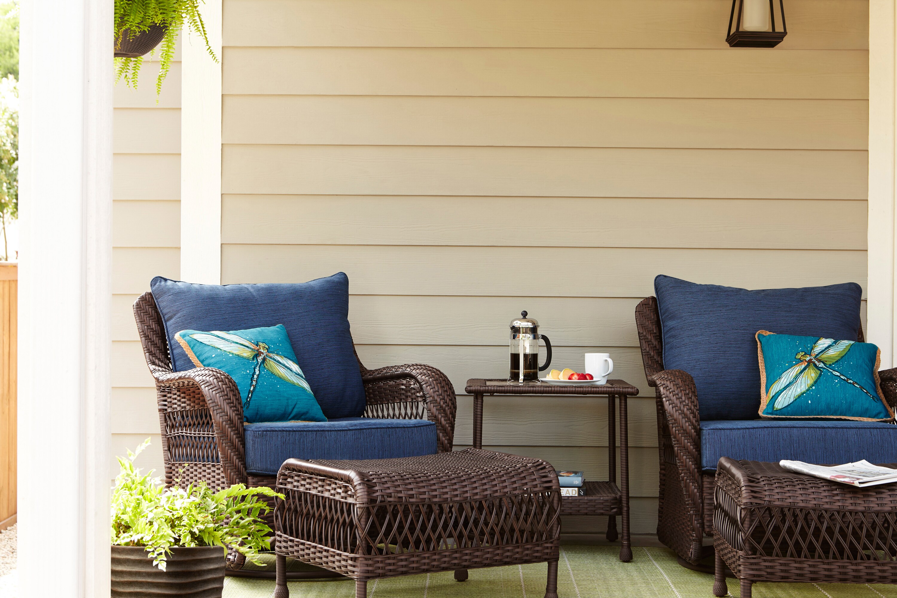allen roth Glenlee Woven Metal Swivel Glider Conversation Chair s with Blue Cushioned Seat in the Patio Chairs department at Lowes