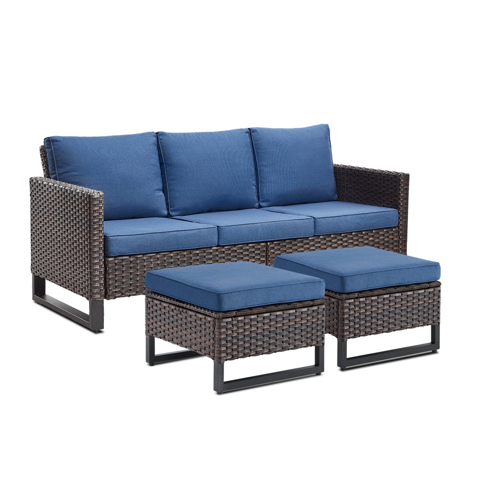 Rilyson FS118119-1 U-Shaped Wicker Outdoor Sofa with Blue Cushions and Wicker Frame