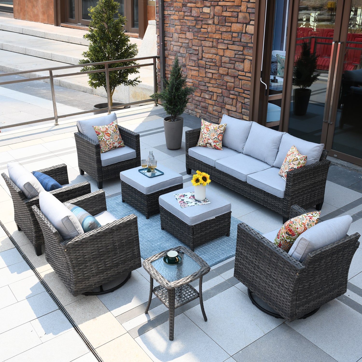 XIZZI XSQRC7184 Lullaby 8.0 -Piece Rattan Patio Sofa Conversation Set with Gray Cushions