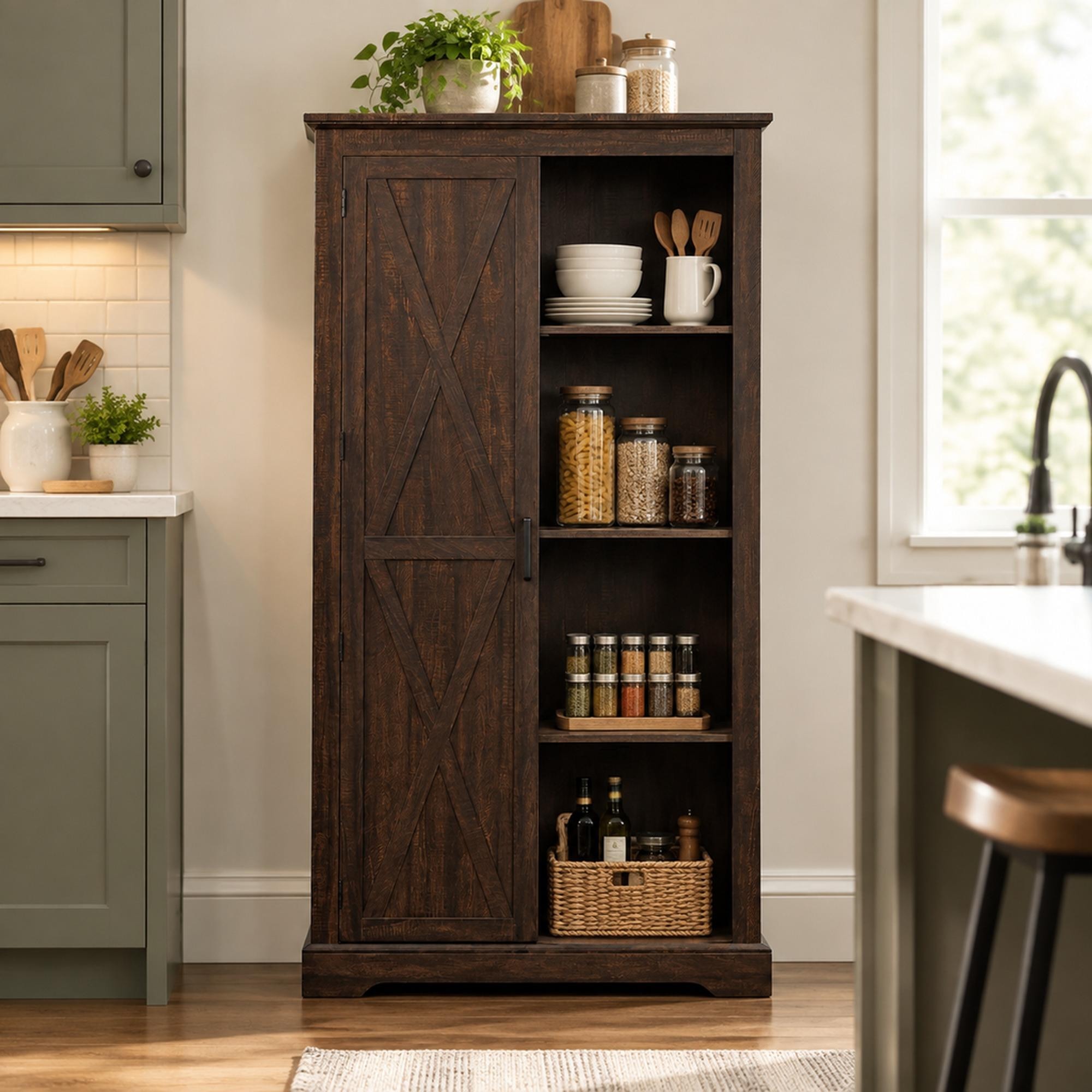 TEINIE Tall Storage Cabinet Barn Door Farmhouse Pantry Cupboard Rustic ...