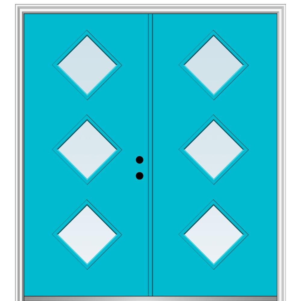 MMI DOOR ZZ348912L Spotlights 64-in x 80-in x 6-9/16-in Fiberglass Pulse lite Left-hand inswing Bahama Blue Painted Prehung Double Front Door with Brickmould Insulating core