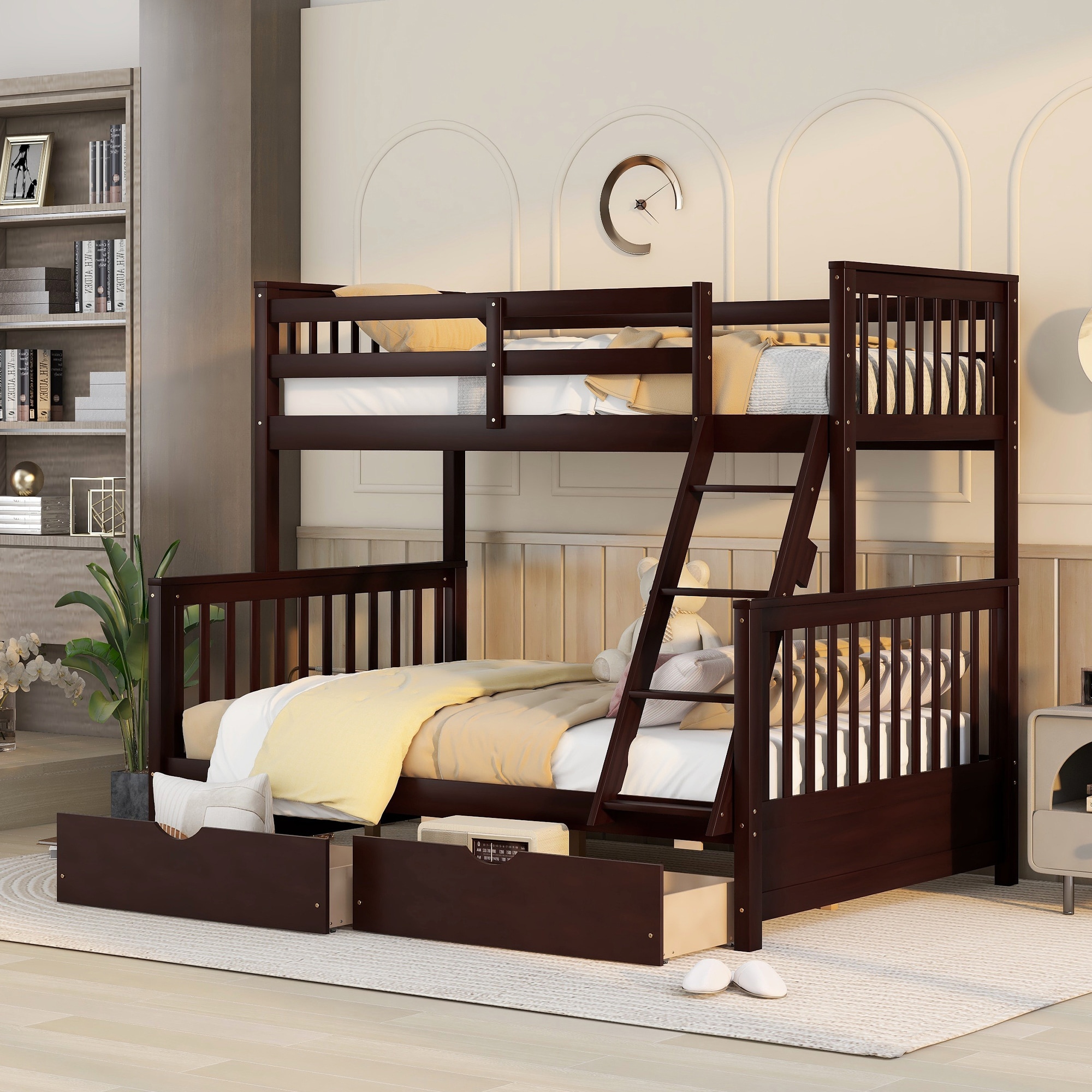 ModernLuxe LT000065AAP TwinOverFull Bunk Bed with Ladders and Two Storage DrawersEspresso