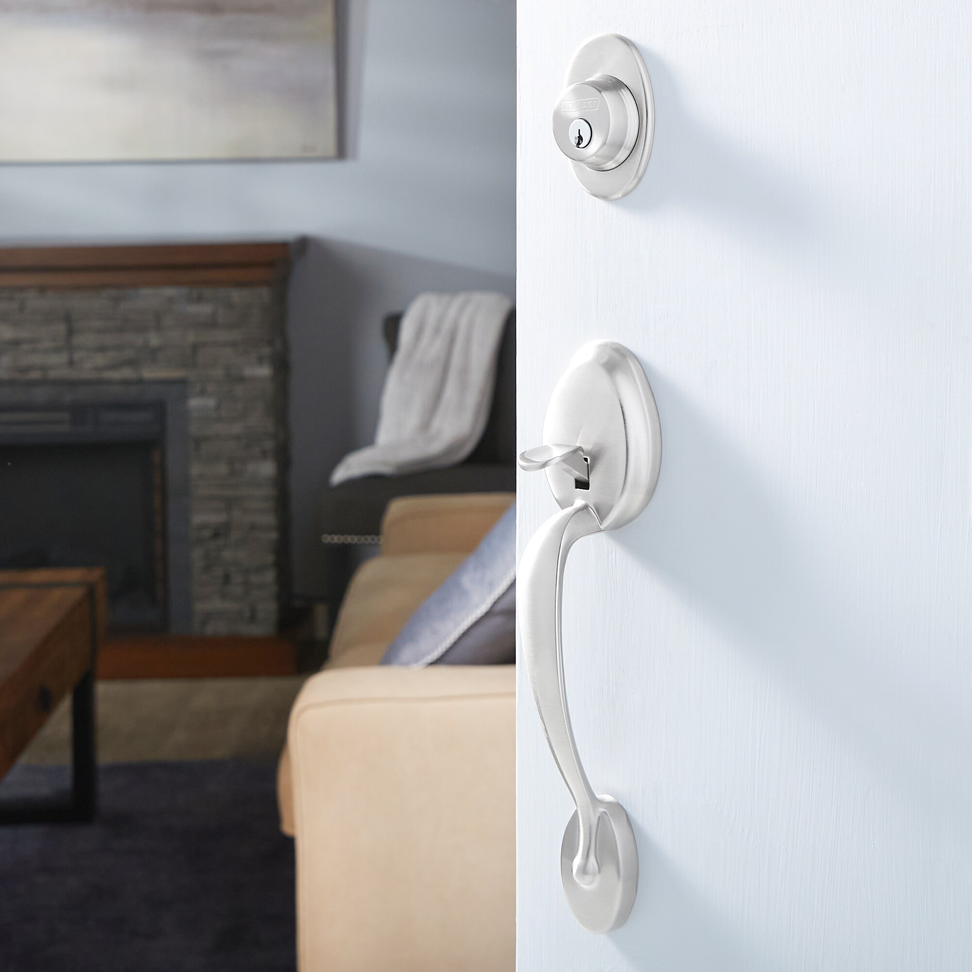 Schlage F60 Plymouth x Flair Satin Nickel Single-Cylinder Deadbolt Keyed Entry  Door Handleset with Flair Lever in the Handlesets department at