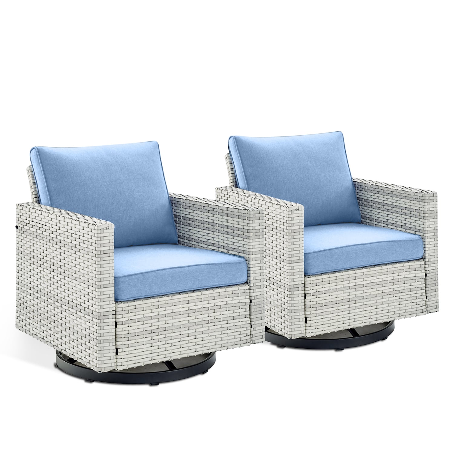Rilyson FS084-2 U-Feet Set of 2 Wicker Light Beige Steel Frame Swivel glider Rocking Chair with Light blue Light blue Cushioned Seat
