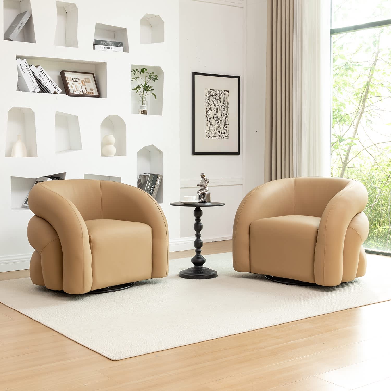 SEYNAR CE720-MUSTARD-S2 Modern Glam PU Leather 360 Degree Swivel Accent Armchair with Metal Base Set of 2