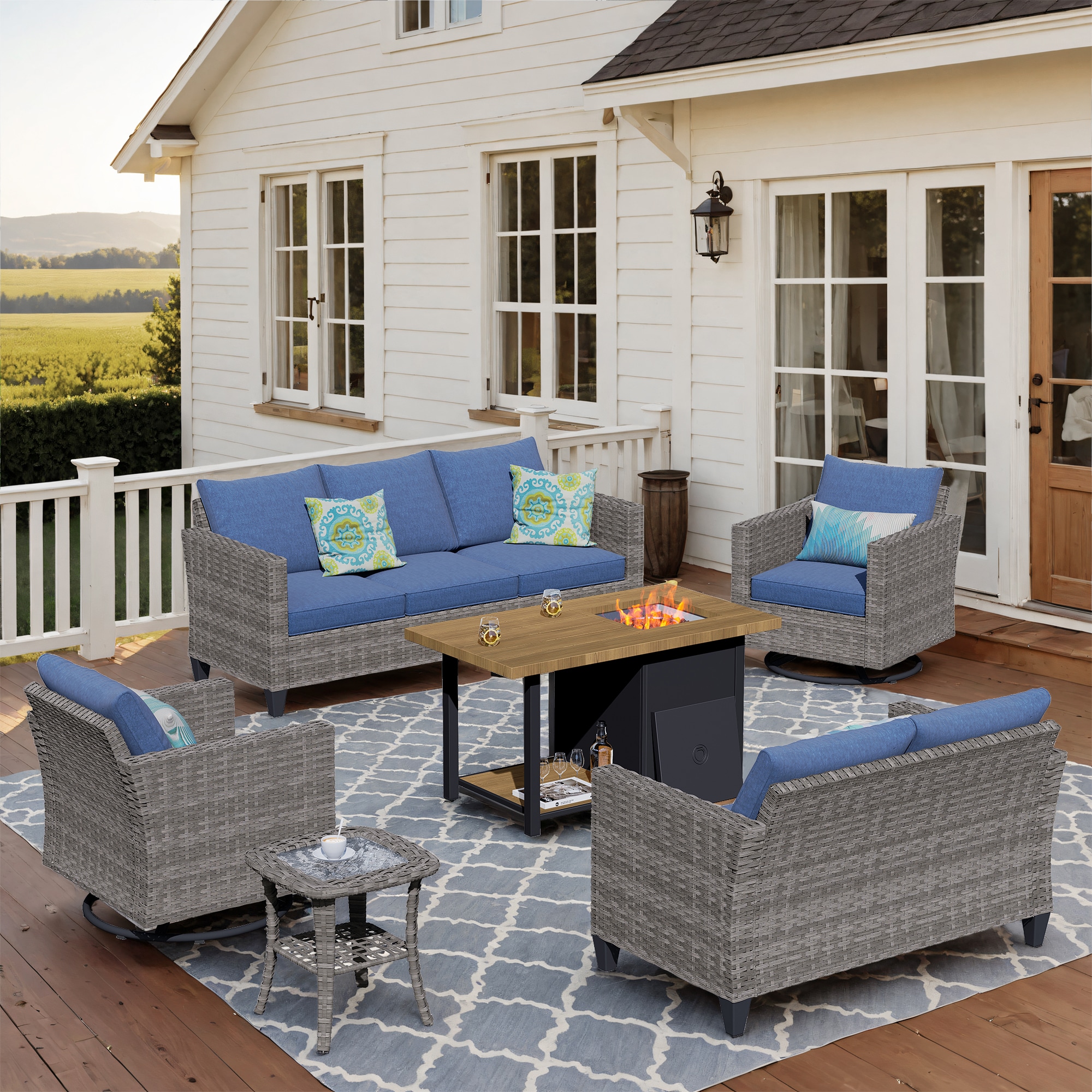 XIZZI XSQL3164-RC3DFP Lullaby 6-Piece Rattan Patio Sofa Conversation Set with Blue Cushions