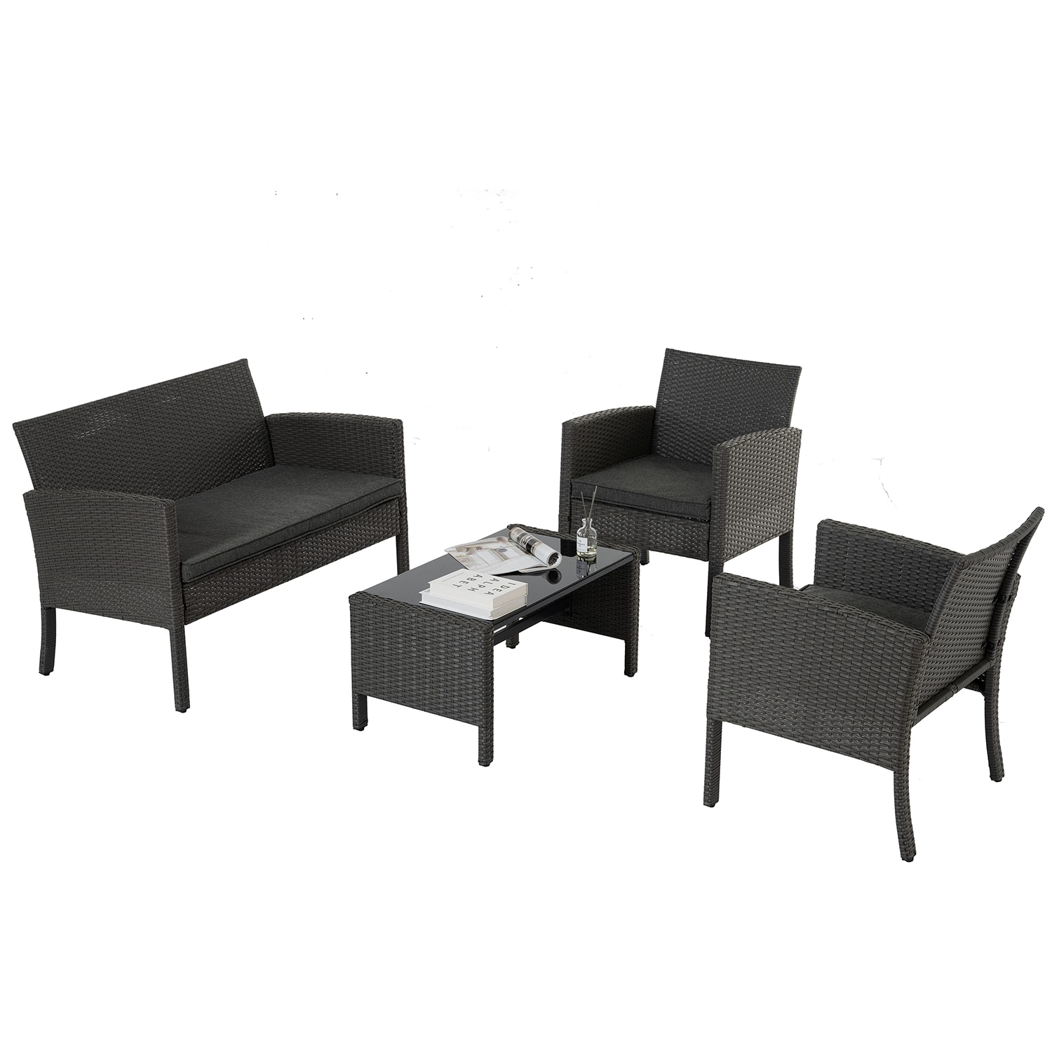 Bybafun YB6700014 Brown Wicker Conversation Wicker 2 Gray Cushions Stationary Chairs