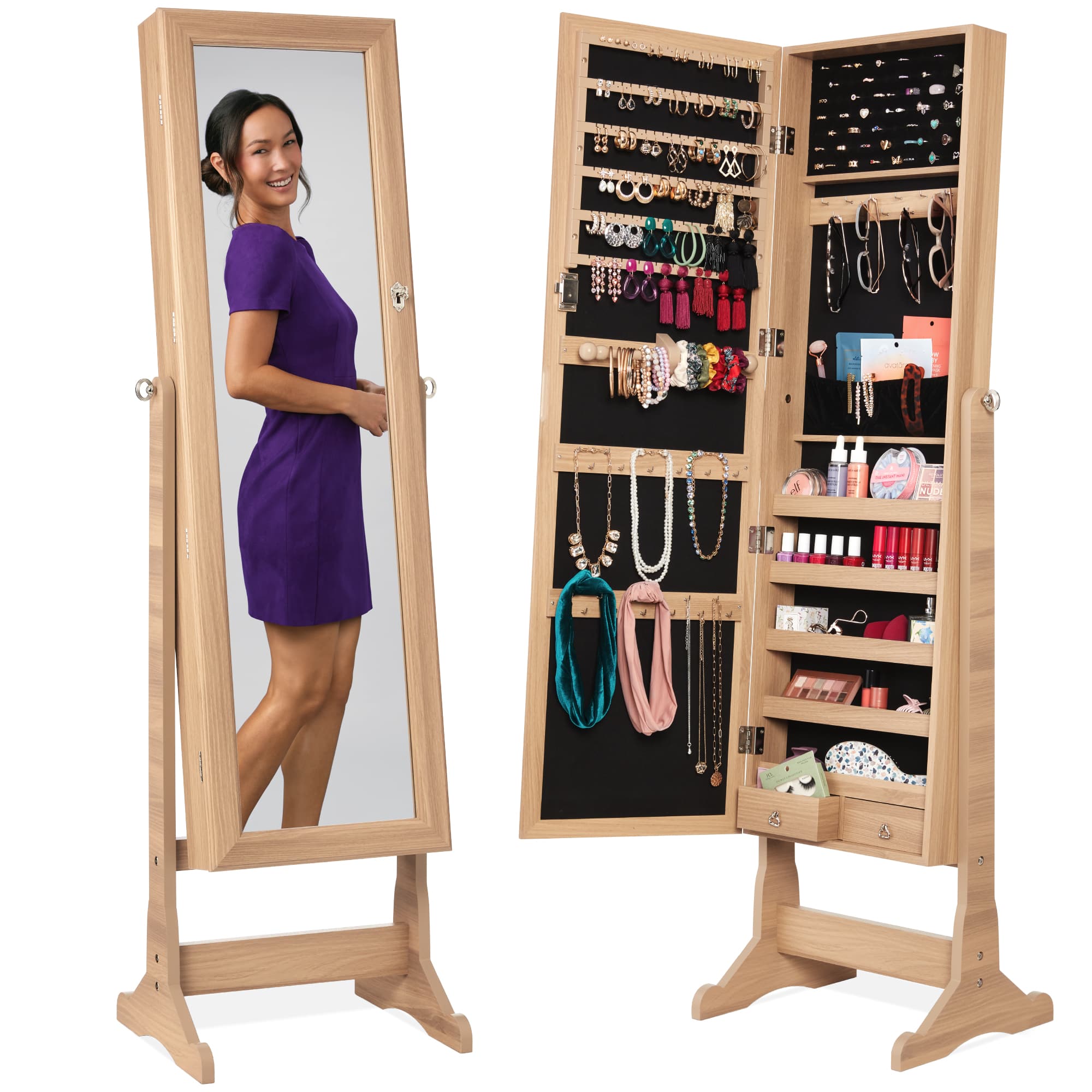 Best Choice Products  Jewelry Armoire Cabinet Full Length Mirror w/ Velvet Storage Interior Lock - Natural Oak