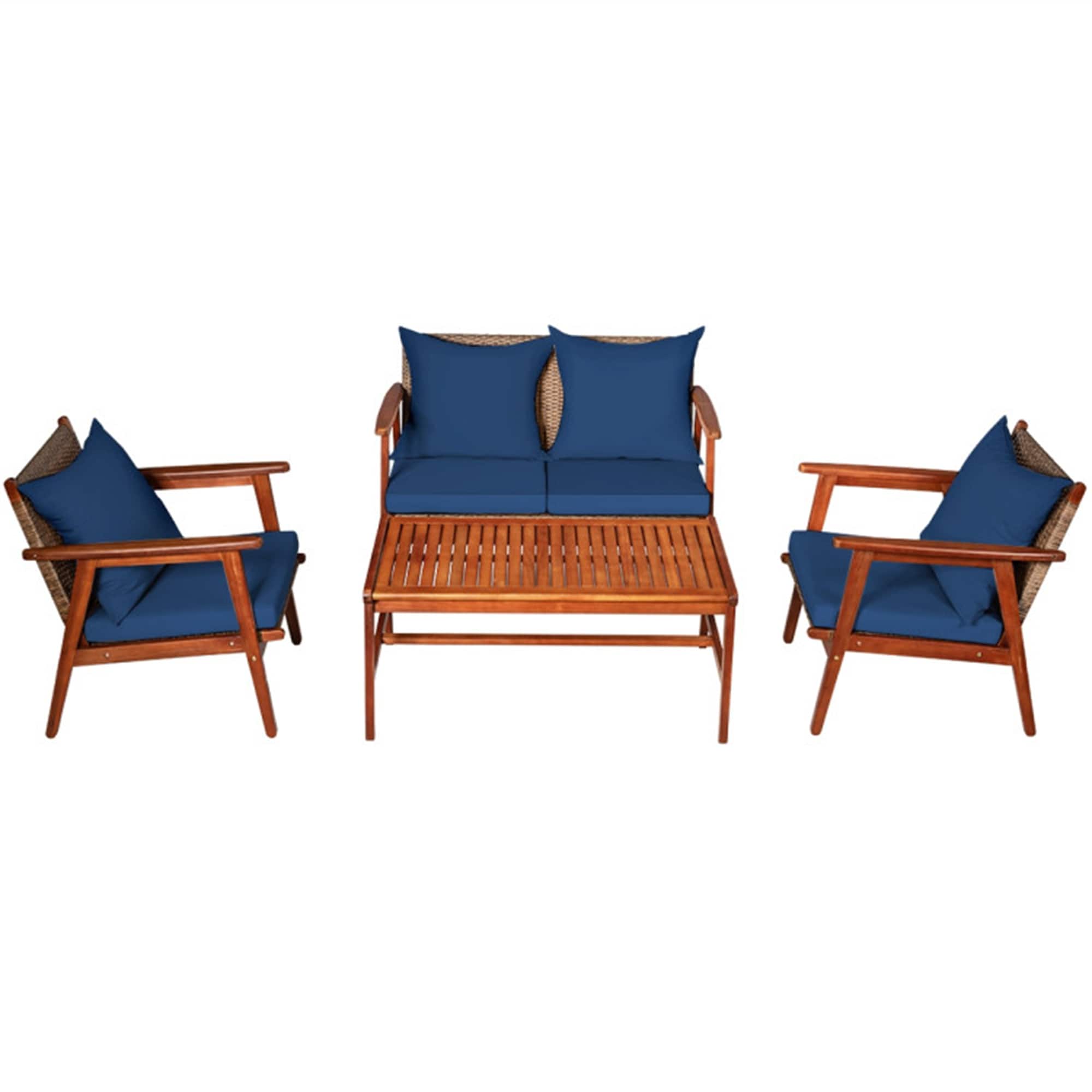 BABOOM BOM-8969NY+-CO Patio Furniture Set 4 -Piece Rattan Patio Conversation Set with Navy Cushions