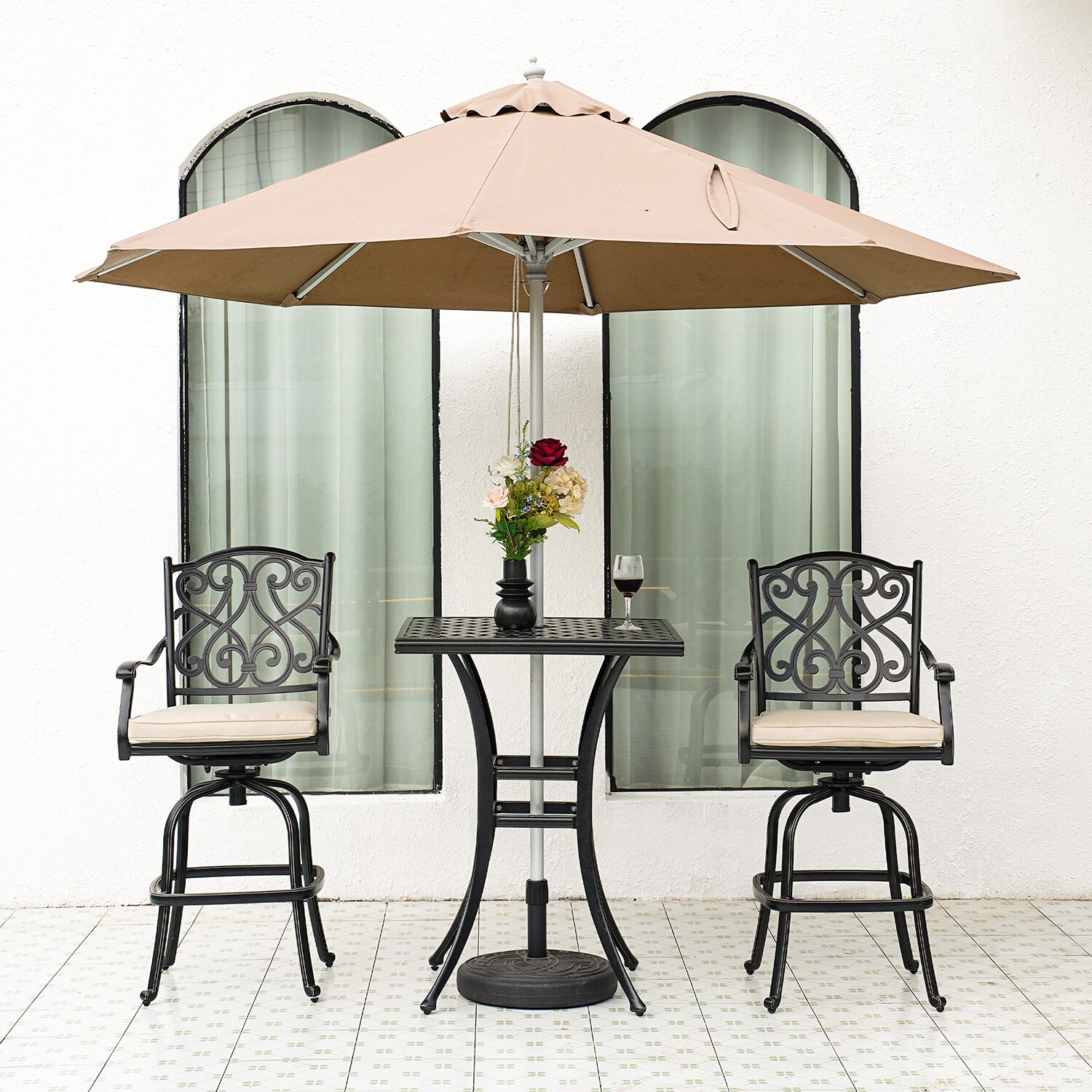Mondawe MO-LD29GB3PS-BE 3 -Piece Black Bar Height Patio Dining Set Aluminum Square Table with 2 Beige Cushions Swivel Chairs