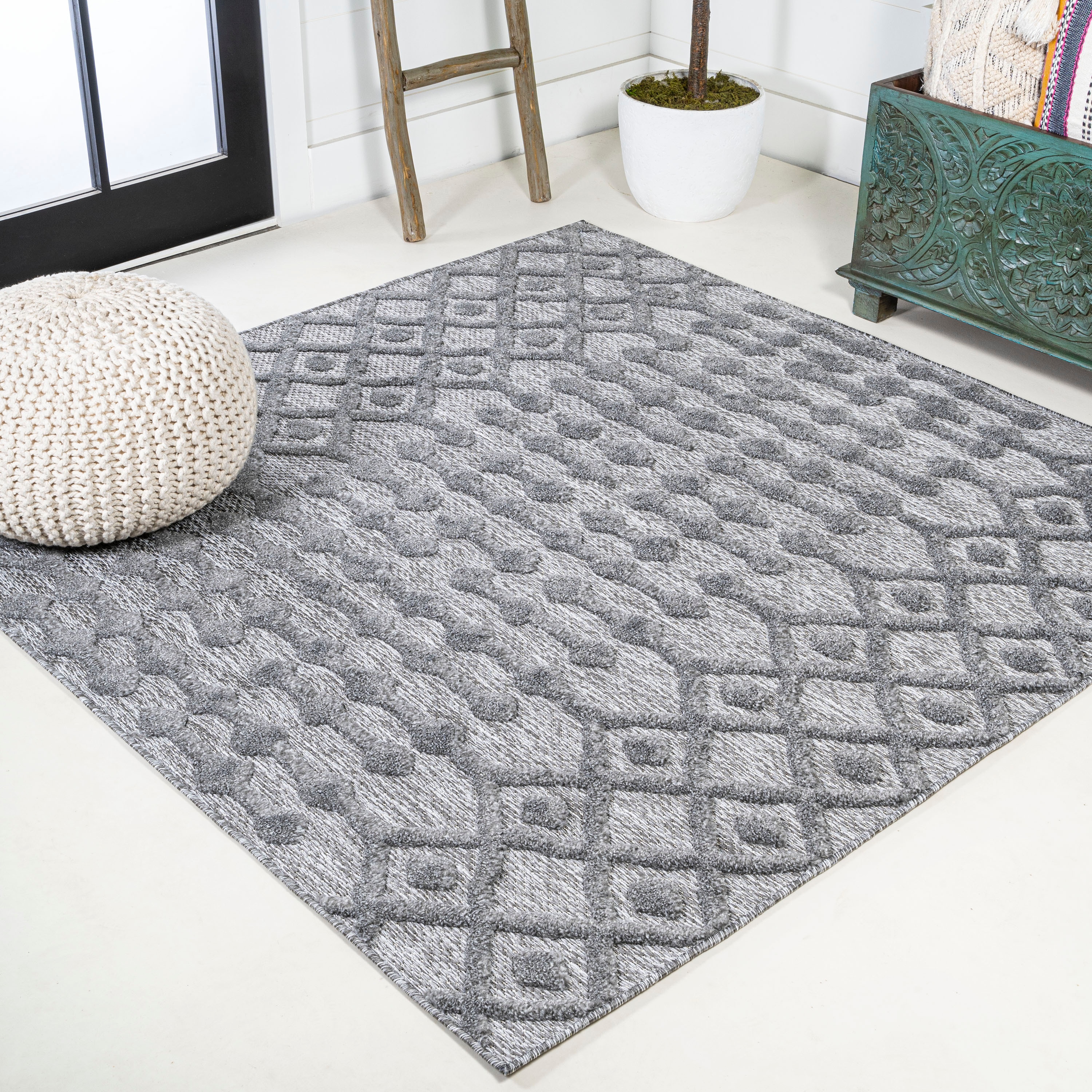 JONATHAN  Y IBZ103A-5SQ IBIZA Peralta Moroccan Diamond 5 x 5 (ft) Loomed Polypropylene Dark Gray Square Indoor/Outdoor Geometric Bohemian/Eclectic Area rug